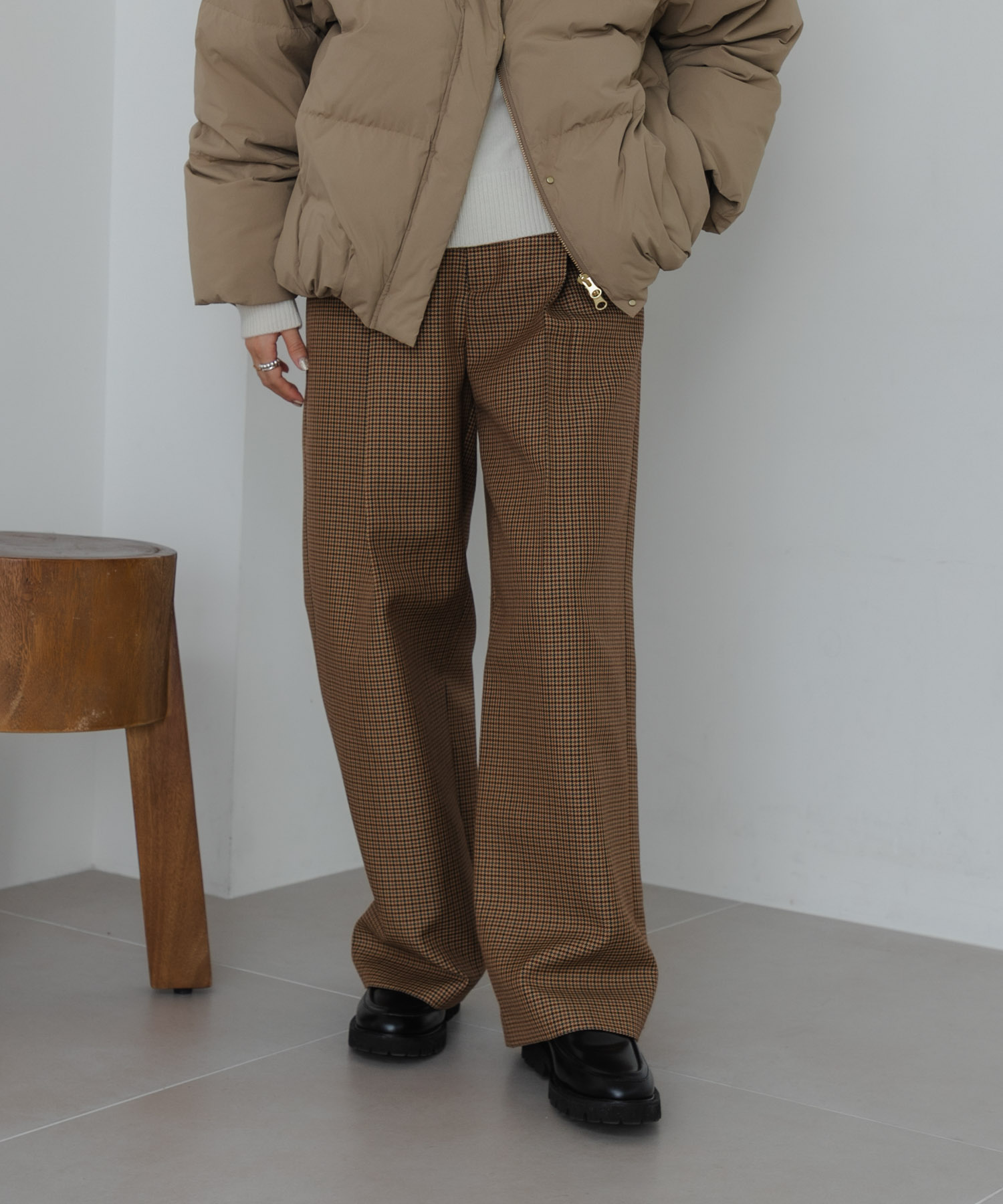 ウールブレンドチェックワイドパンツ
