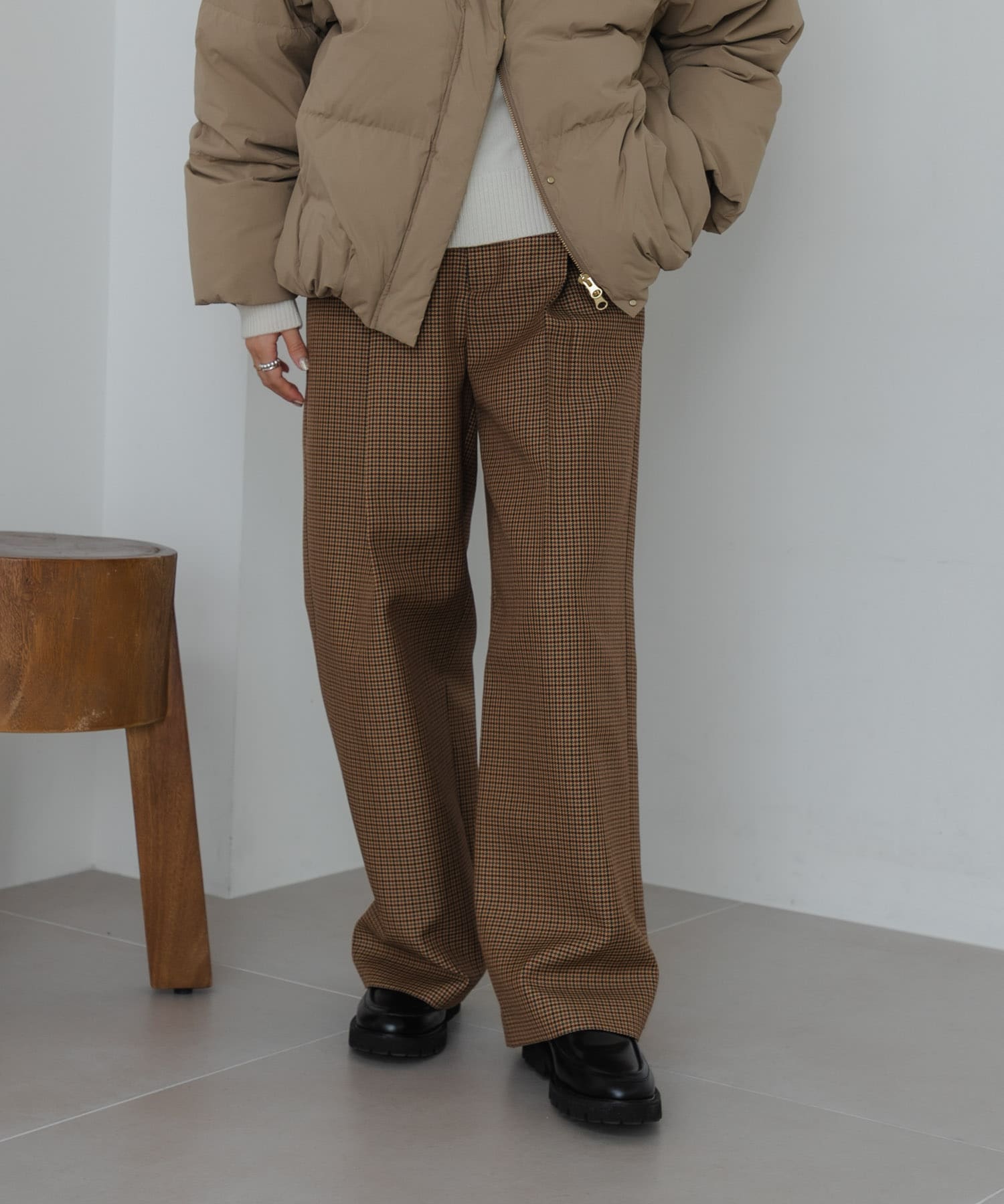 ウールブレンドチェックワイドパンツ