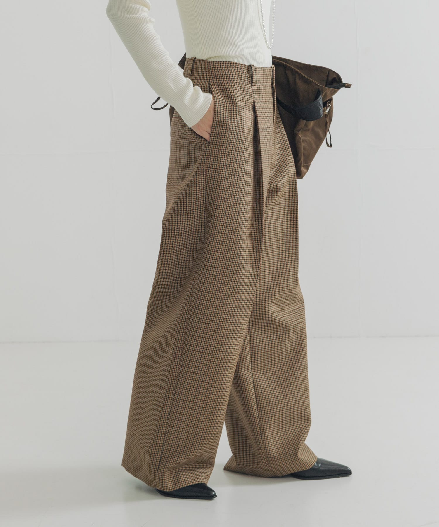ウールブレンドチェックワイドパンツ CAMEL 38