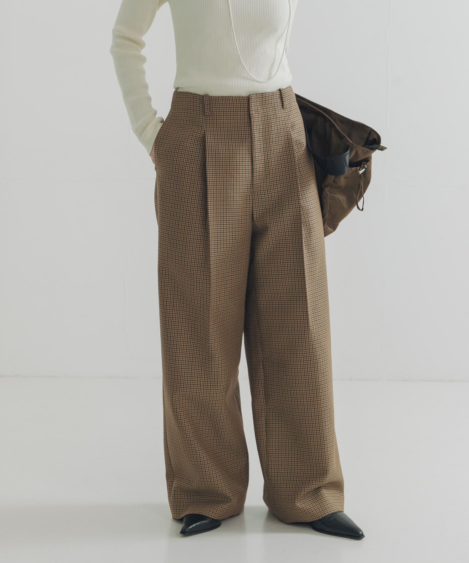 ウールブレンドチェックワイドパンツ CAMEL 38