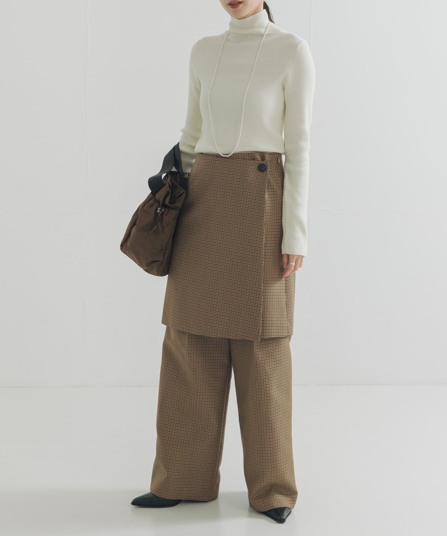 ウールブレンドチェックワイドパンツ CAMEL 38