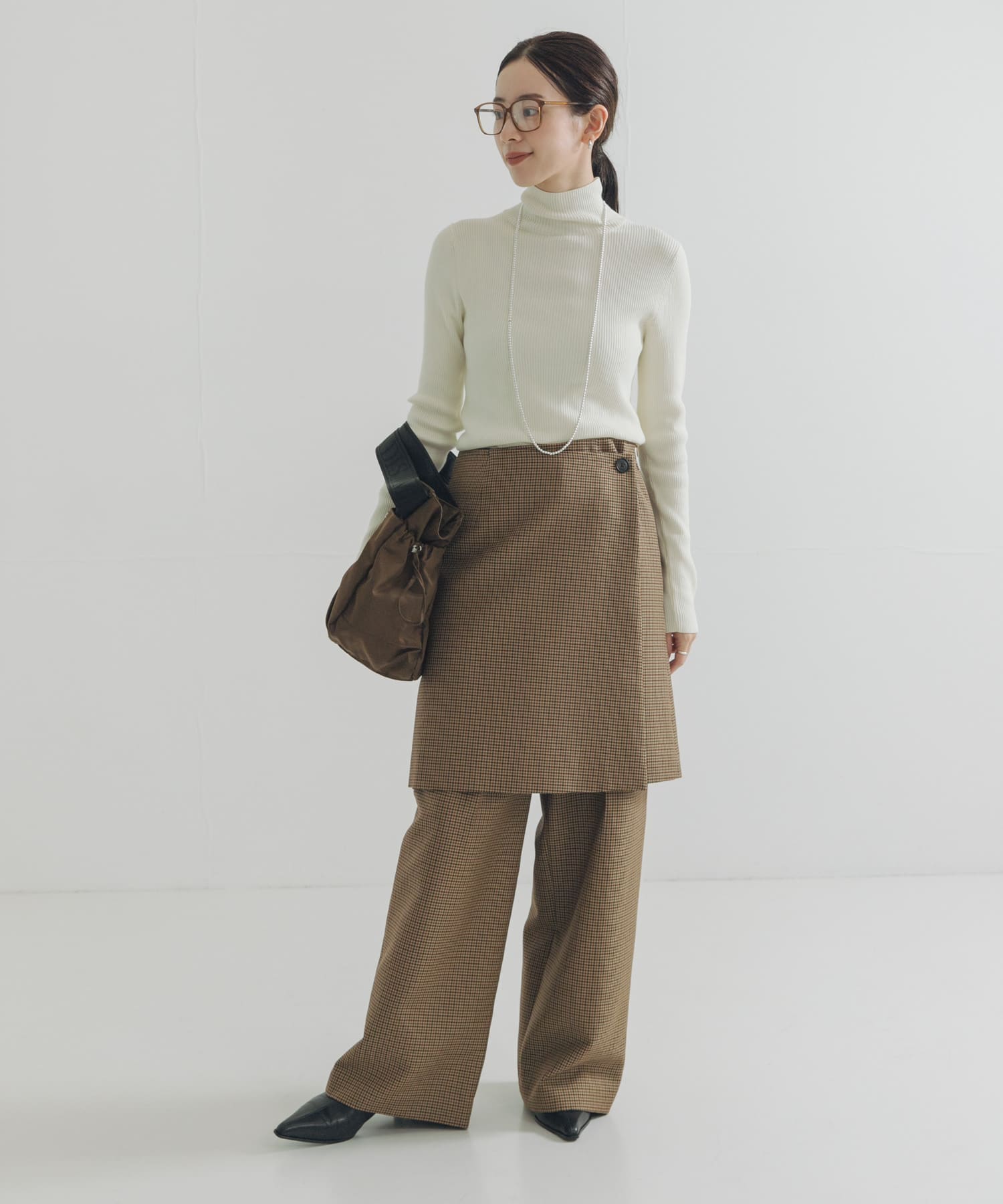 ウールブレンドチェックワイドパンツ CAMEL 38