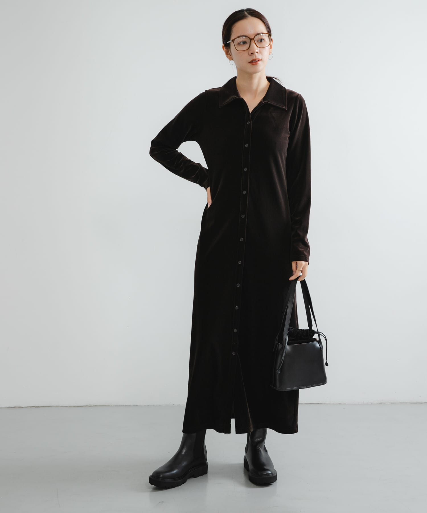 ベロアシャツカラーワンピース