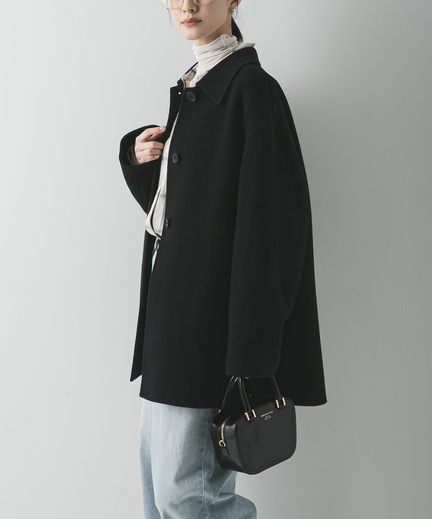 スーパー140ステンカラーリバーミドルコート(FREE BLACK): アウター