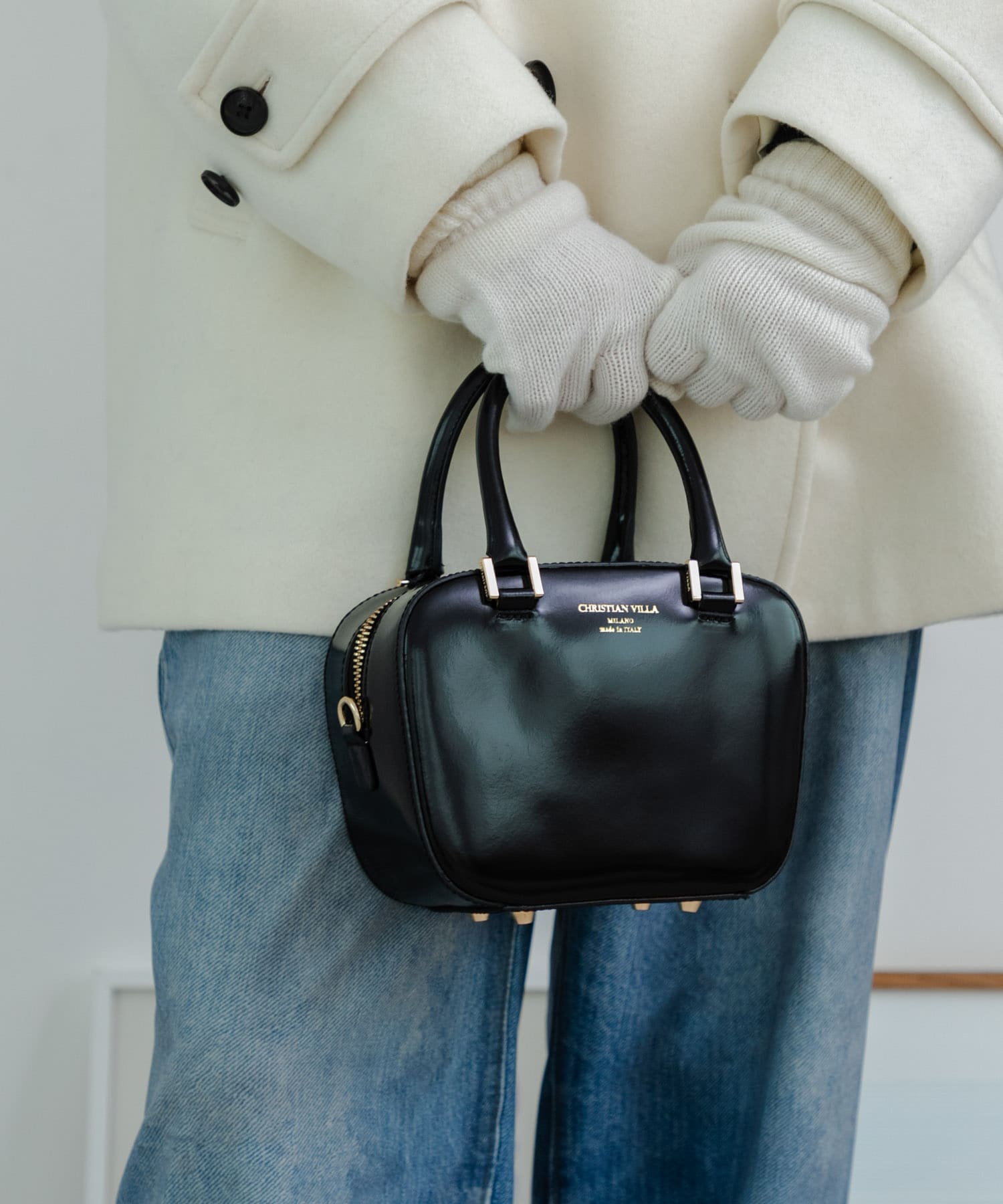 CHRISTIAN VILLA　エナメルカーフレザーショルダーバッグ BLACK 0