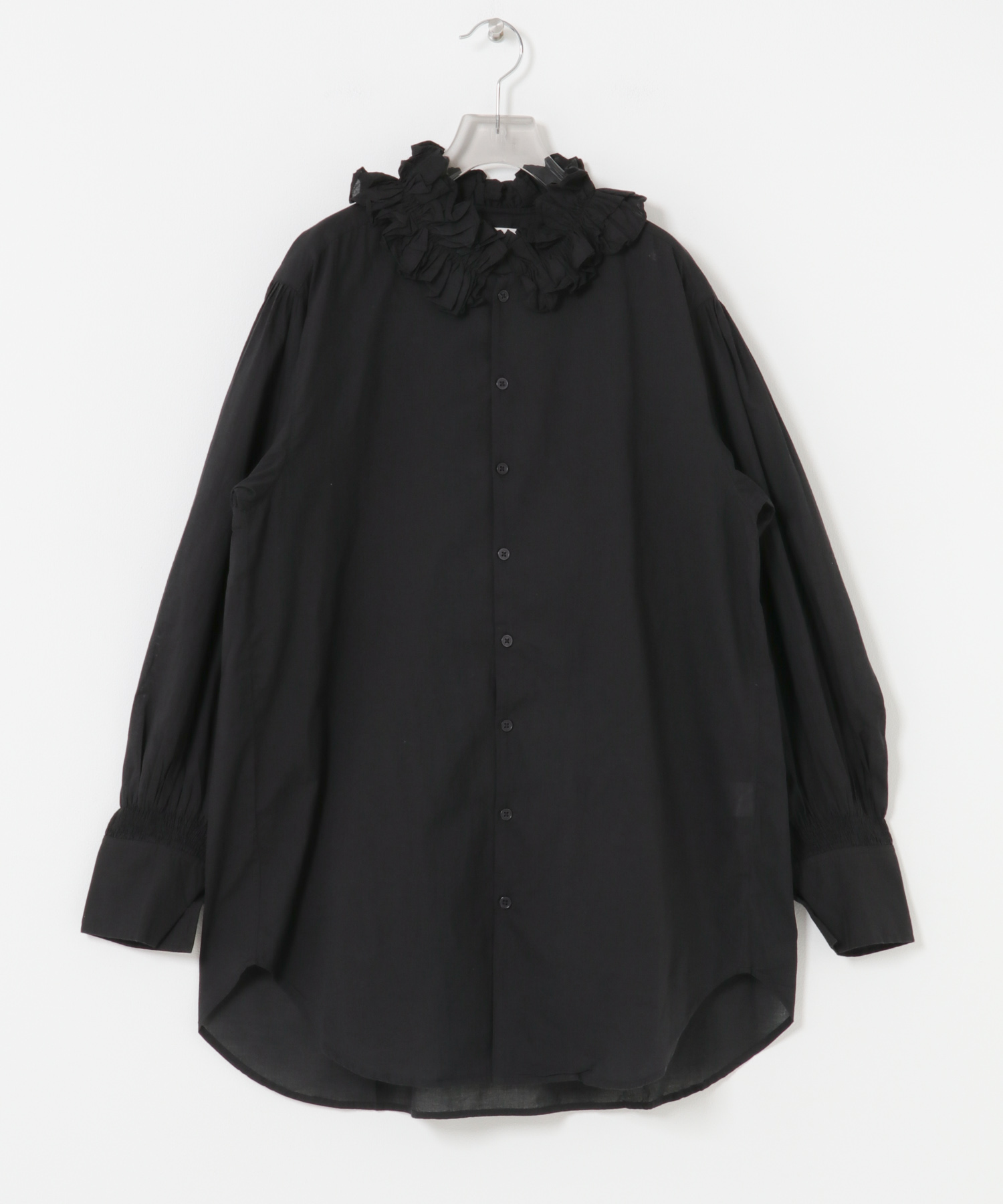 crinkle crinkle crinkle　cotton frill coller shirts BLACK FREE