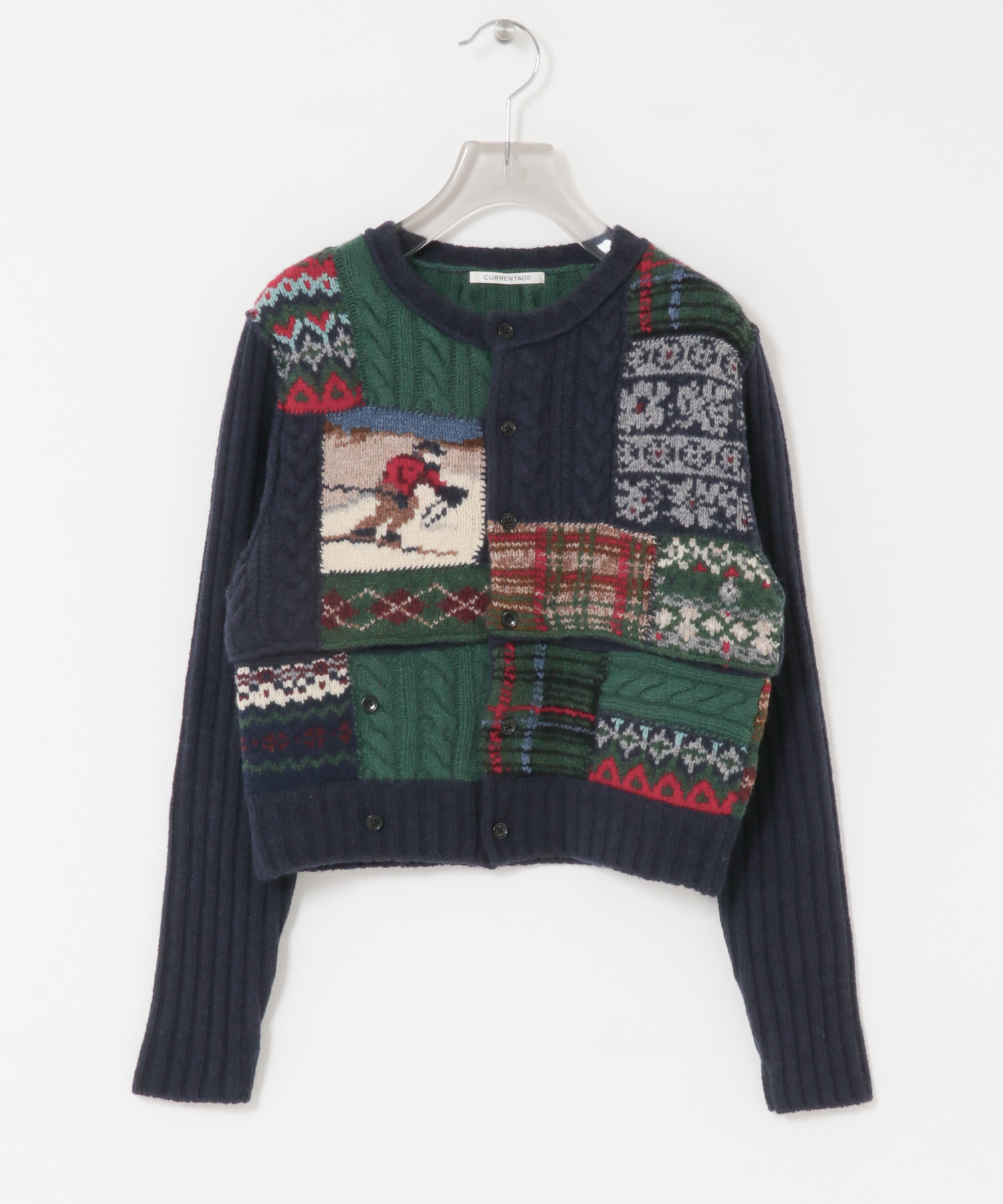 CURRENTAGE　PATCHWORK HAND KNIT ネイビー FREE