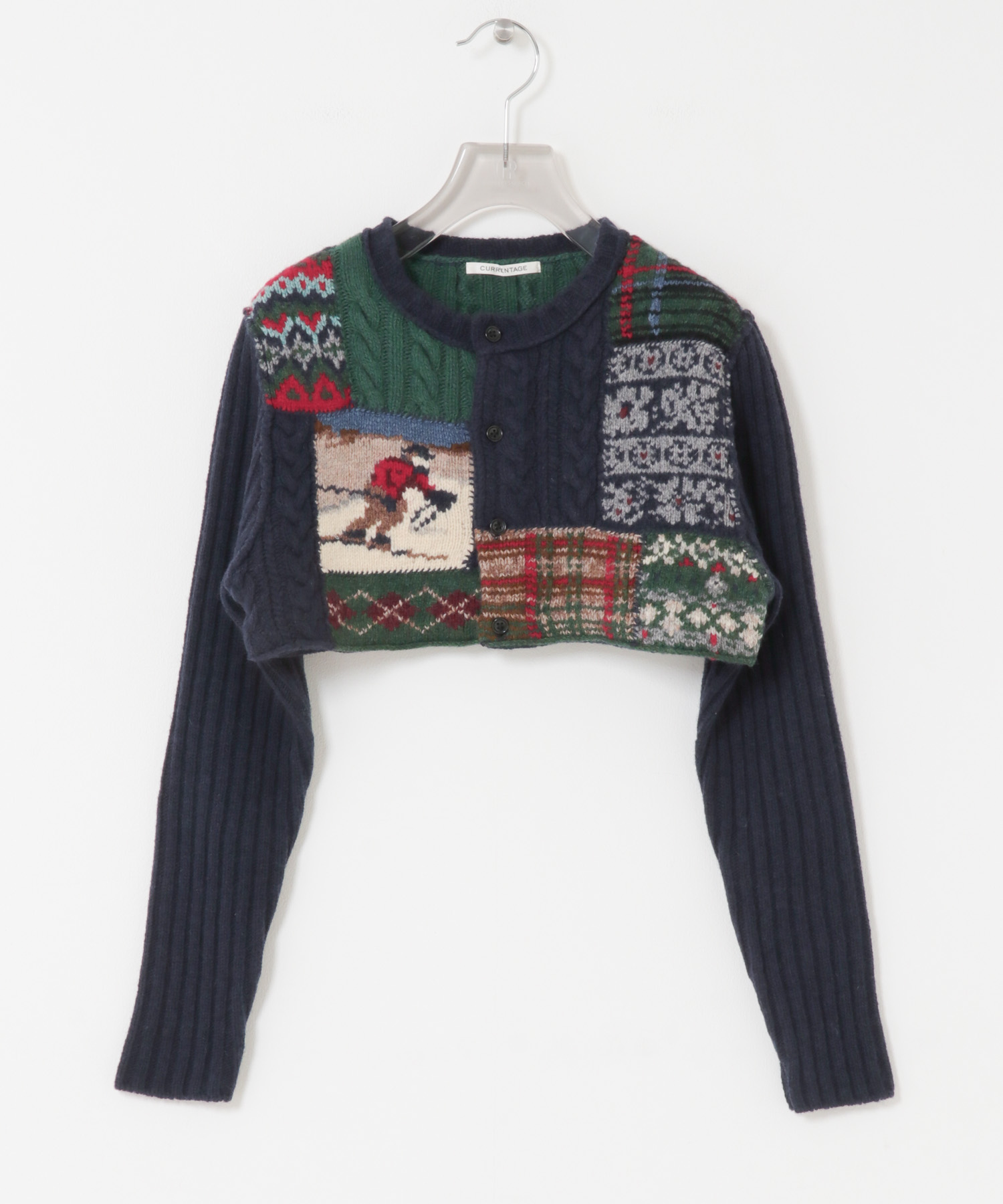 CURRENTAGE　PATCHWORK HAND KNIT ネイビー FREE
