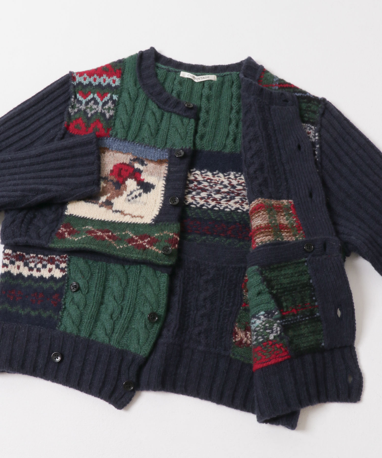 CURRENTAGE　PATCHWORK HAND KNIT ネイビー FREE