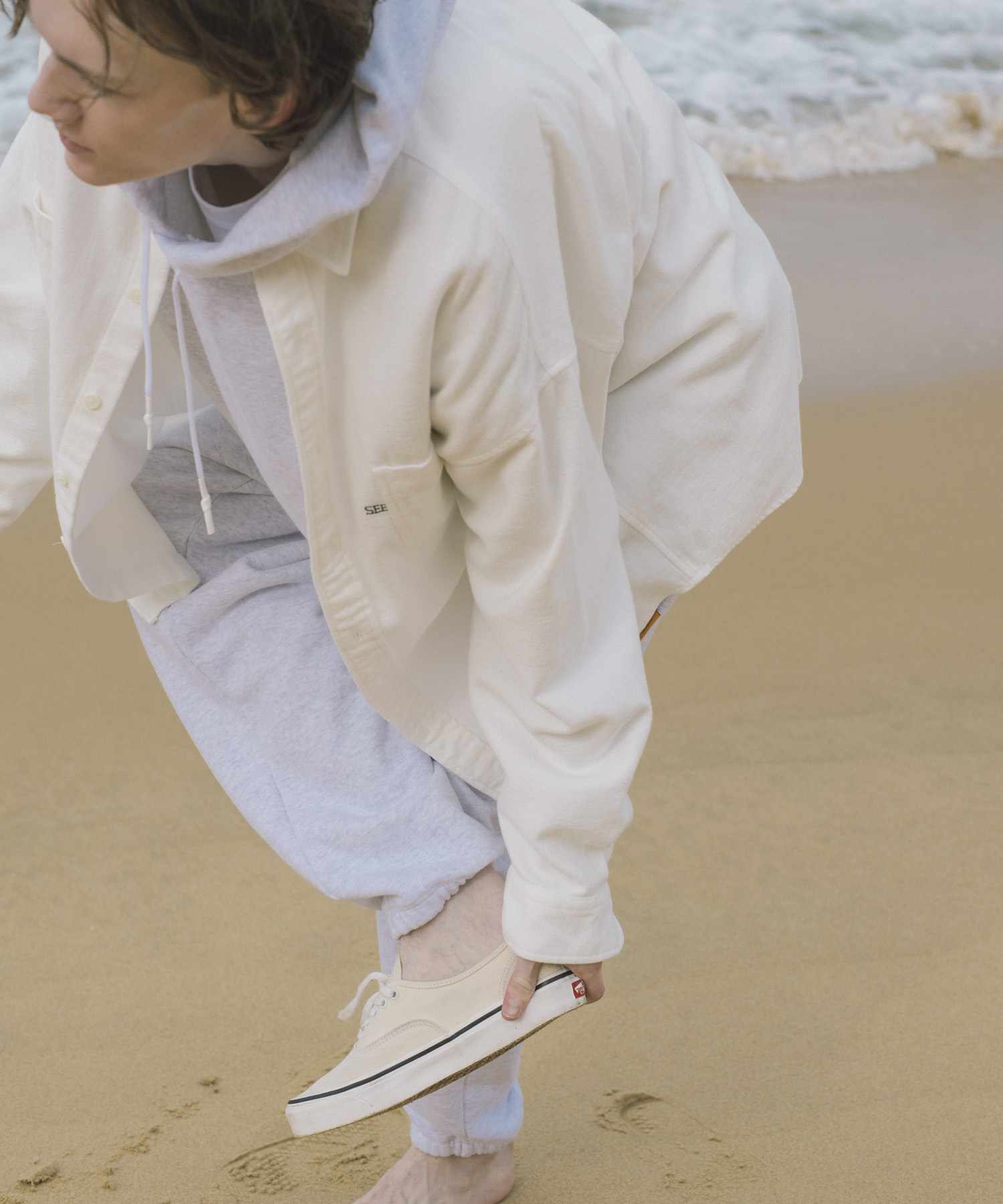 SEE SEE　BIG SHIRT  WASHED NEL WHITE M