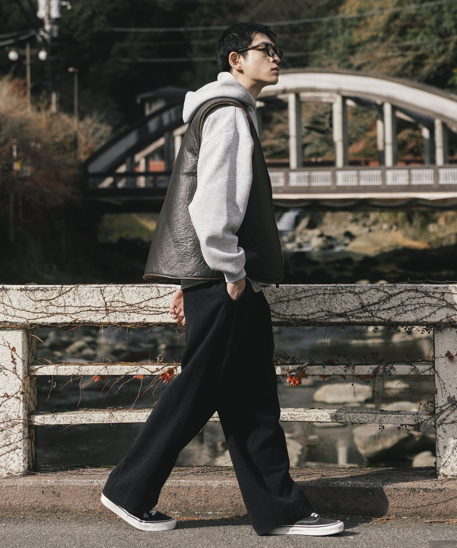 A PRESSE　Silk Cashmere Tweed Wide Trousers CHARCOAL 1