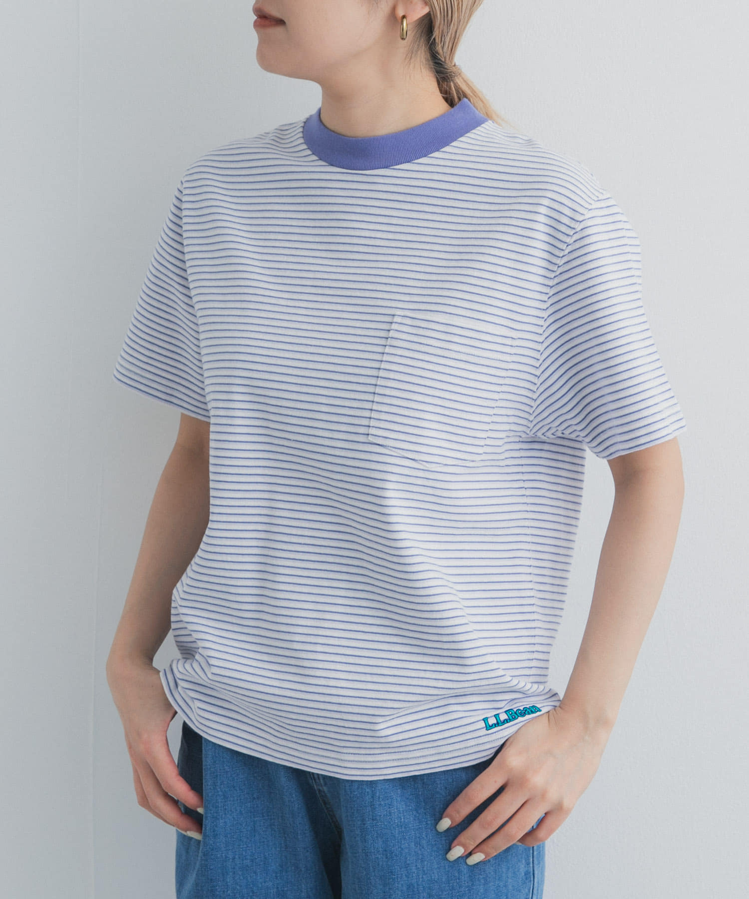 L.L.Bean JAPAN EDITION SHORTSLEEVESTRIPEDT-SHIRTS(M SAX/ROSE