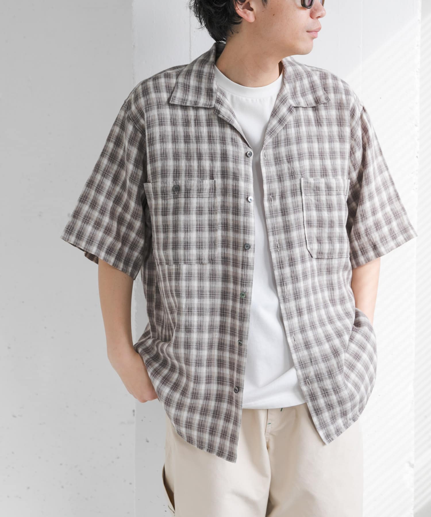 FORK&SPOON　フレンチリネンオープンカラーショートスリーブシャツ