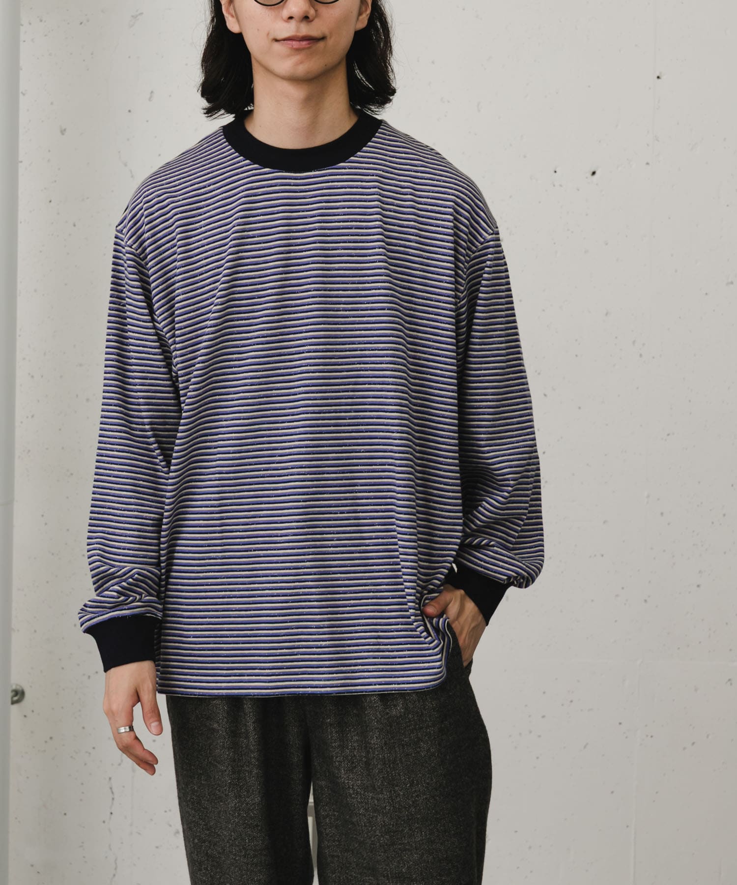 FORK&SPOON プレーティングボーダーロングスリーブTシャツ(4 CHARCOAL