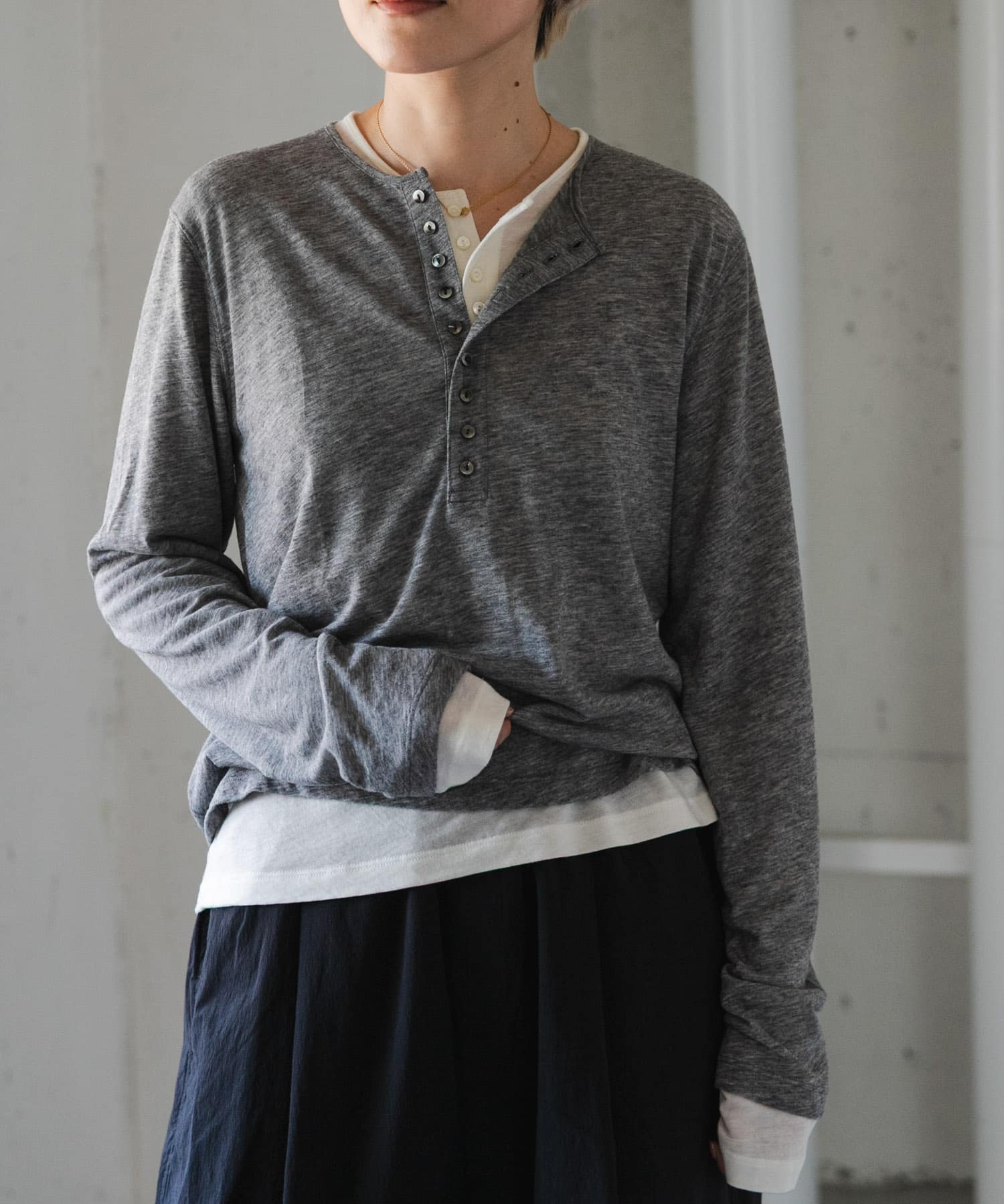 FORK&SPOON　ウール混ヘンリーネックカットソー