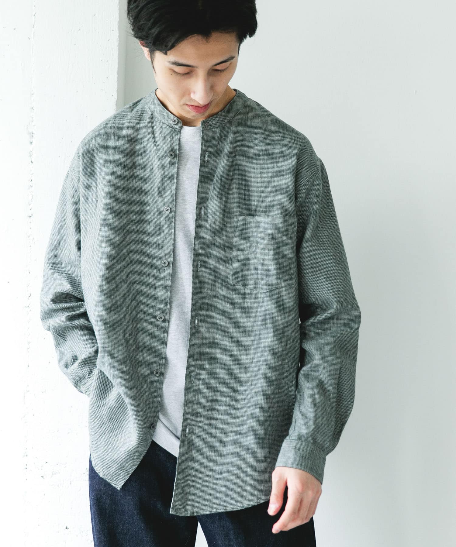 シルケットリネン バンドカラーロングスリーブシャツ