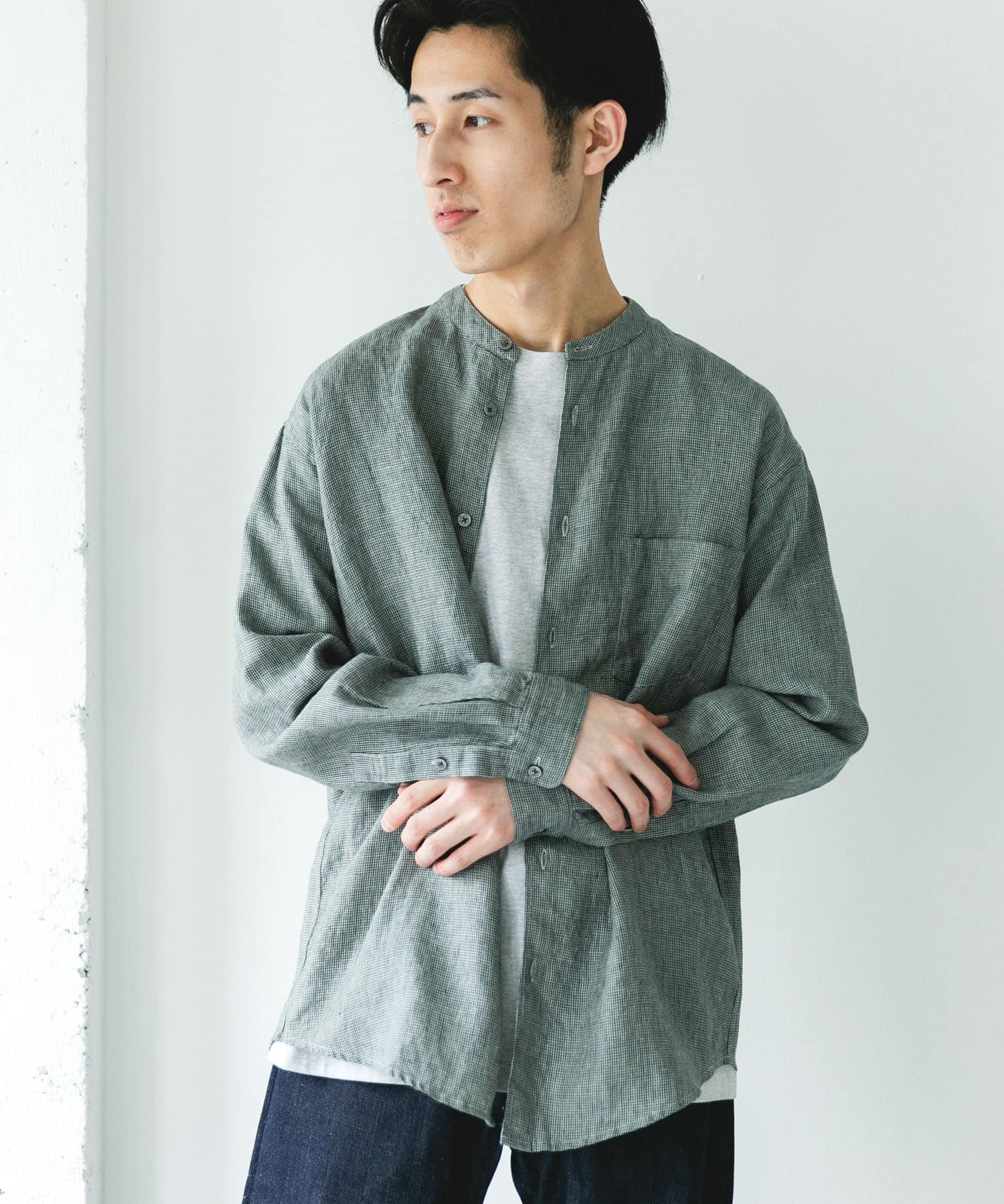 シルケットリネン バンドカラーロングスリーブシャツ(M INDIGO