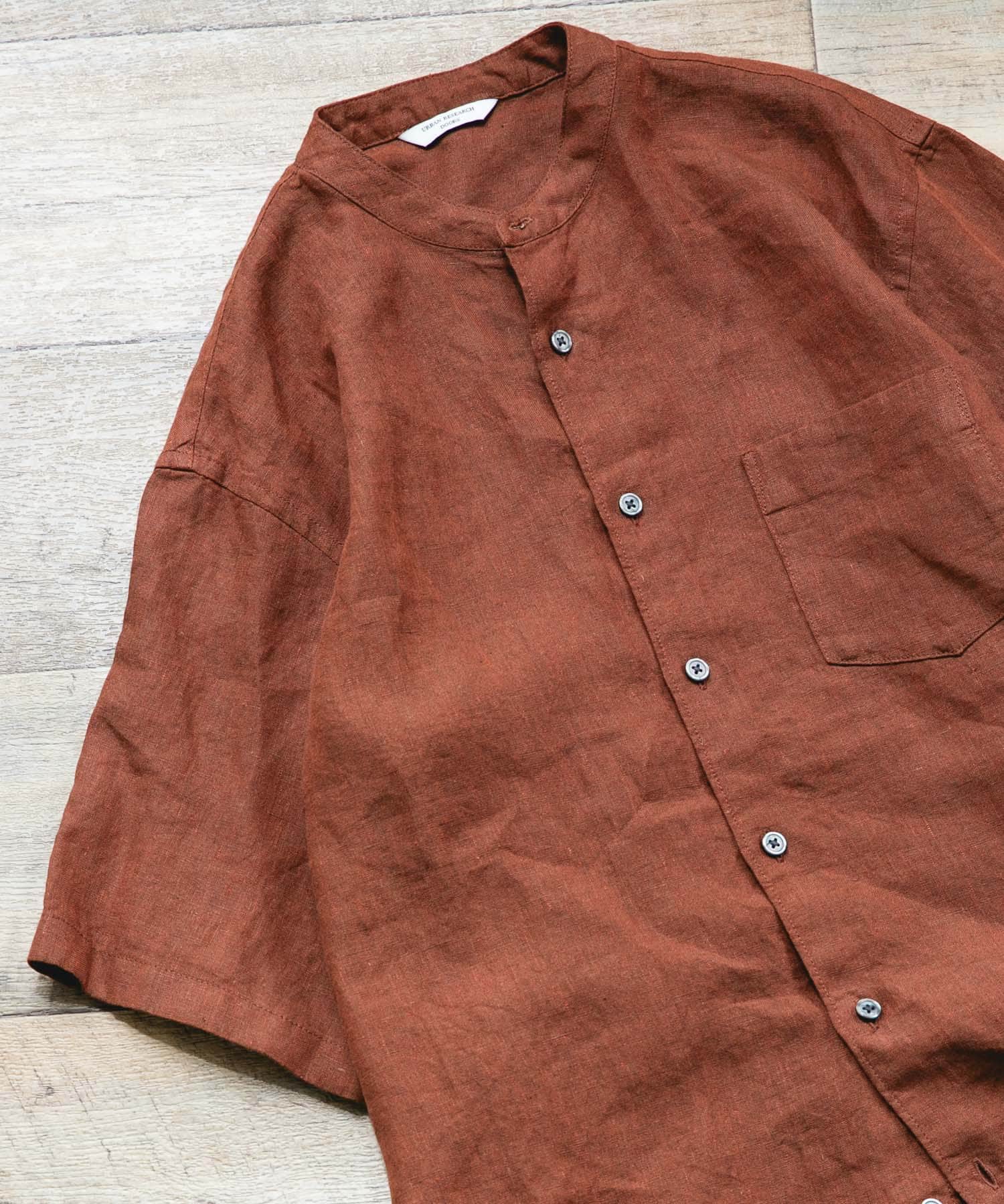 シルケットリネン バンドカラーショートスリーブシャツ BROWN M