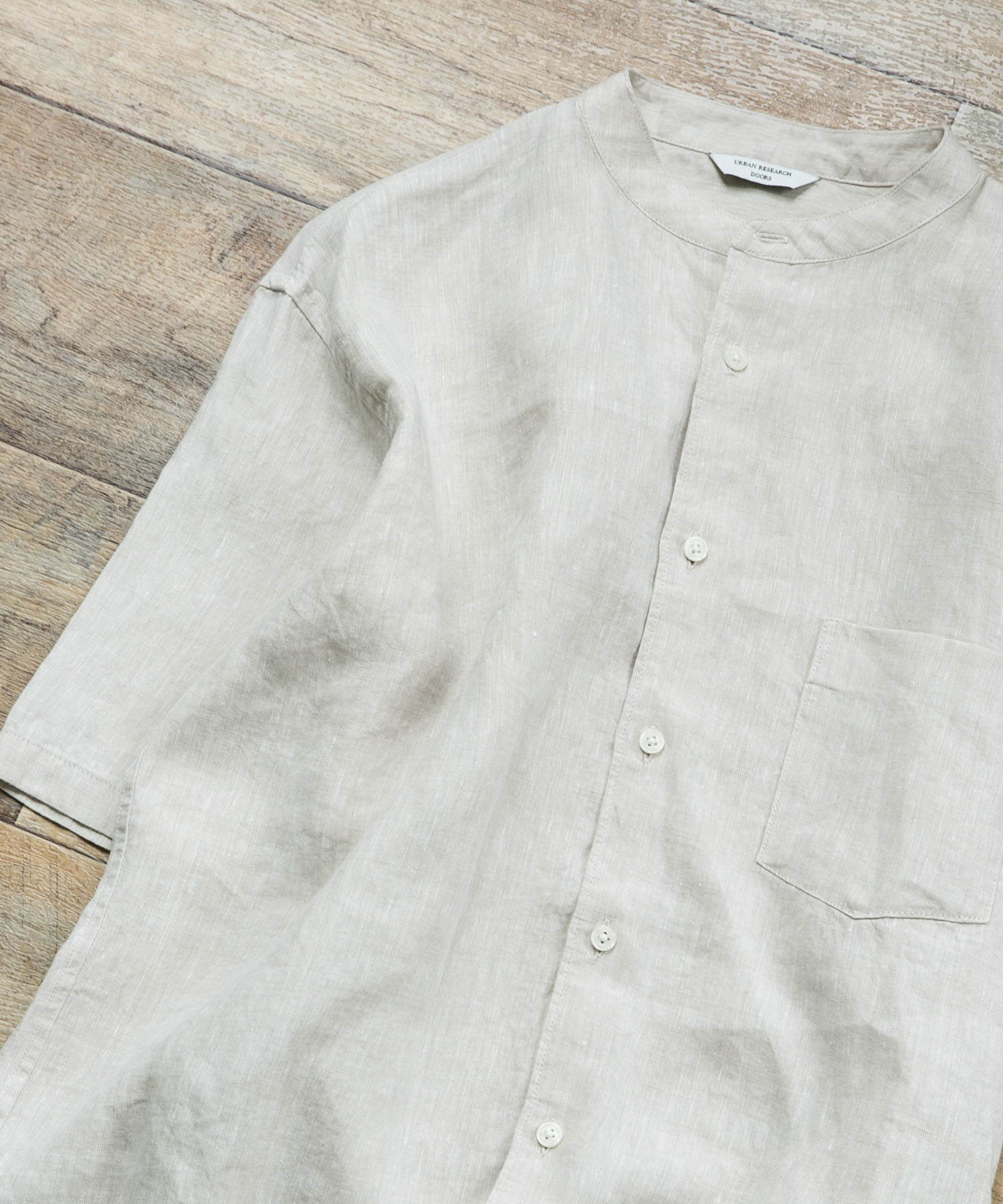 シルケットリネン バンドカラーショートスリーブシャツ