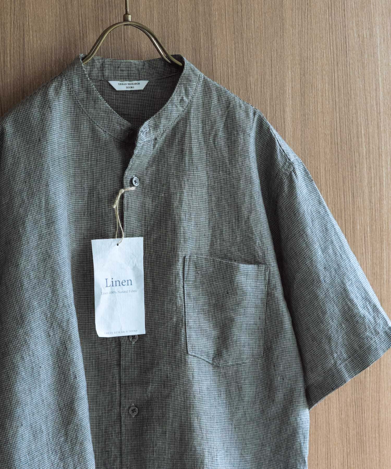 シルケットリネン バンドカラーショートスリーブシャツ HT CHECK M