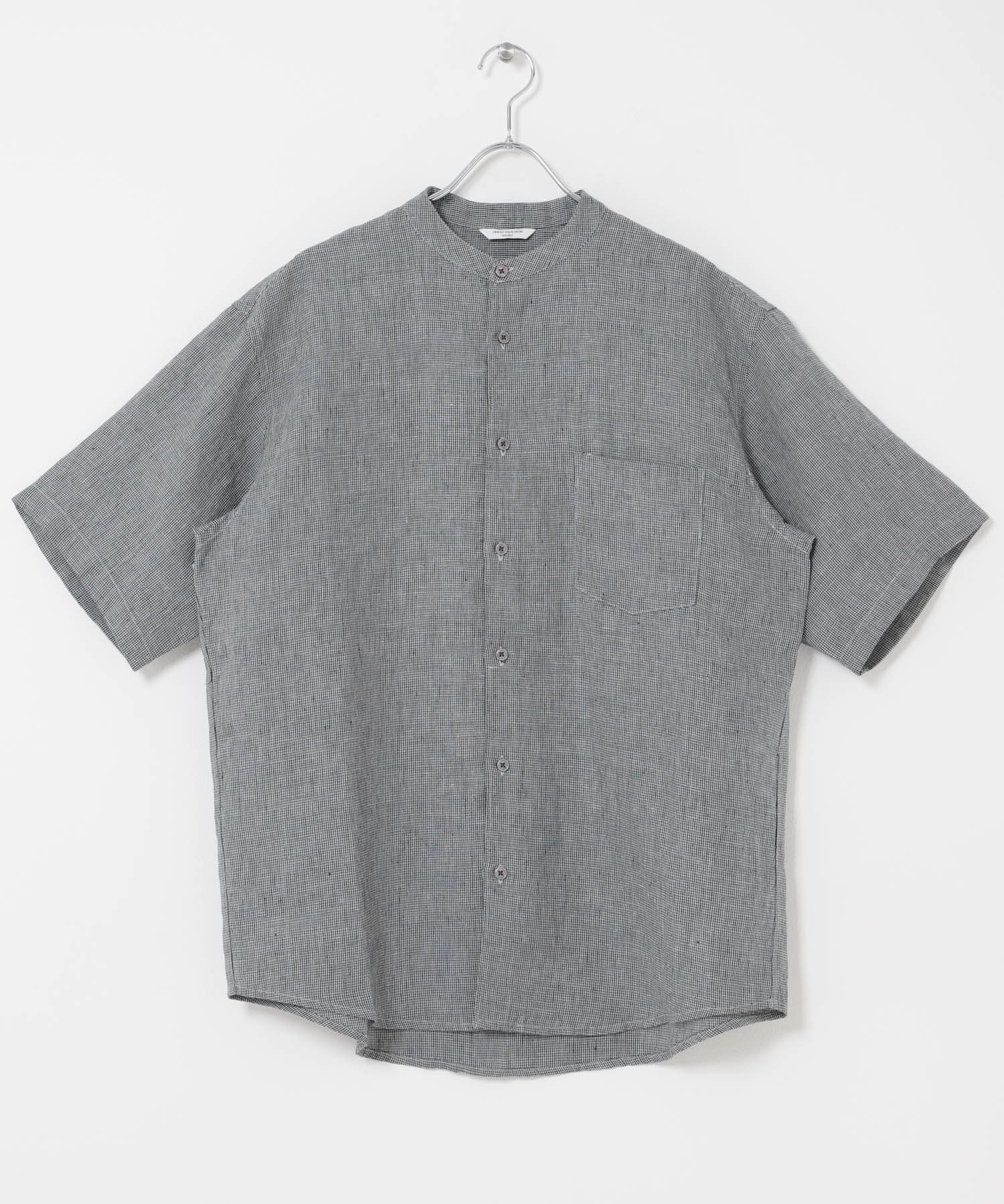 シルケットリネン バンドカラーショートスリーブシャツ HT CHECK M