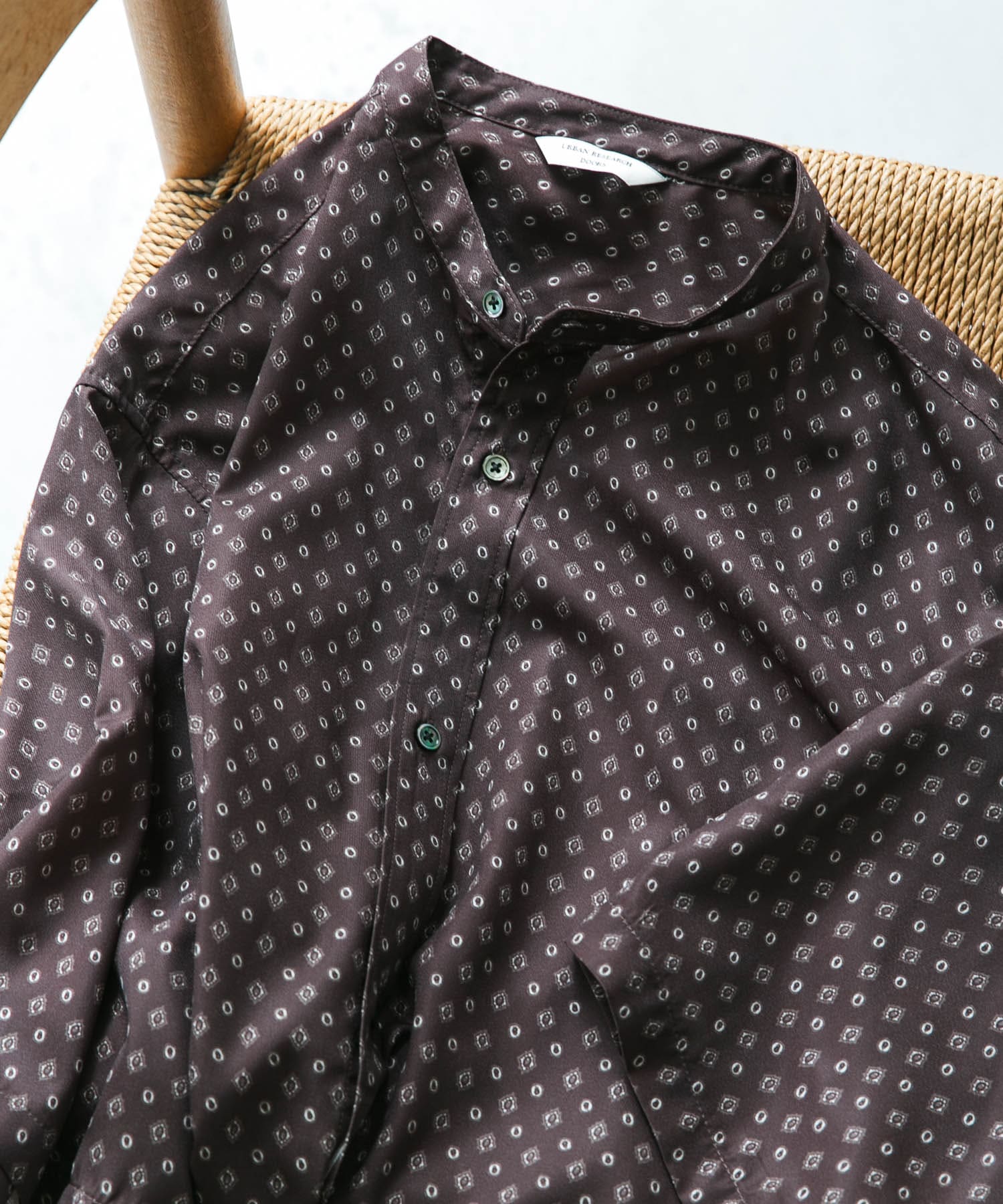 バンドカラーショートスリーブ 総柄シャツ BROWN M