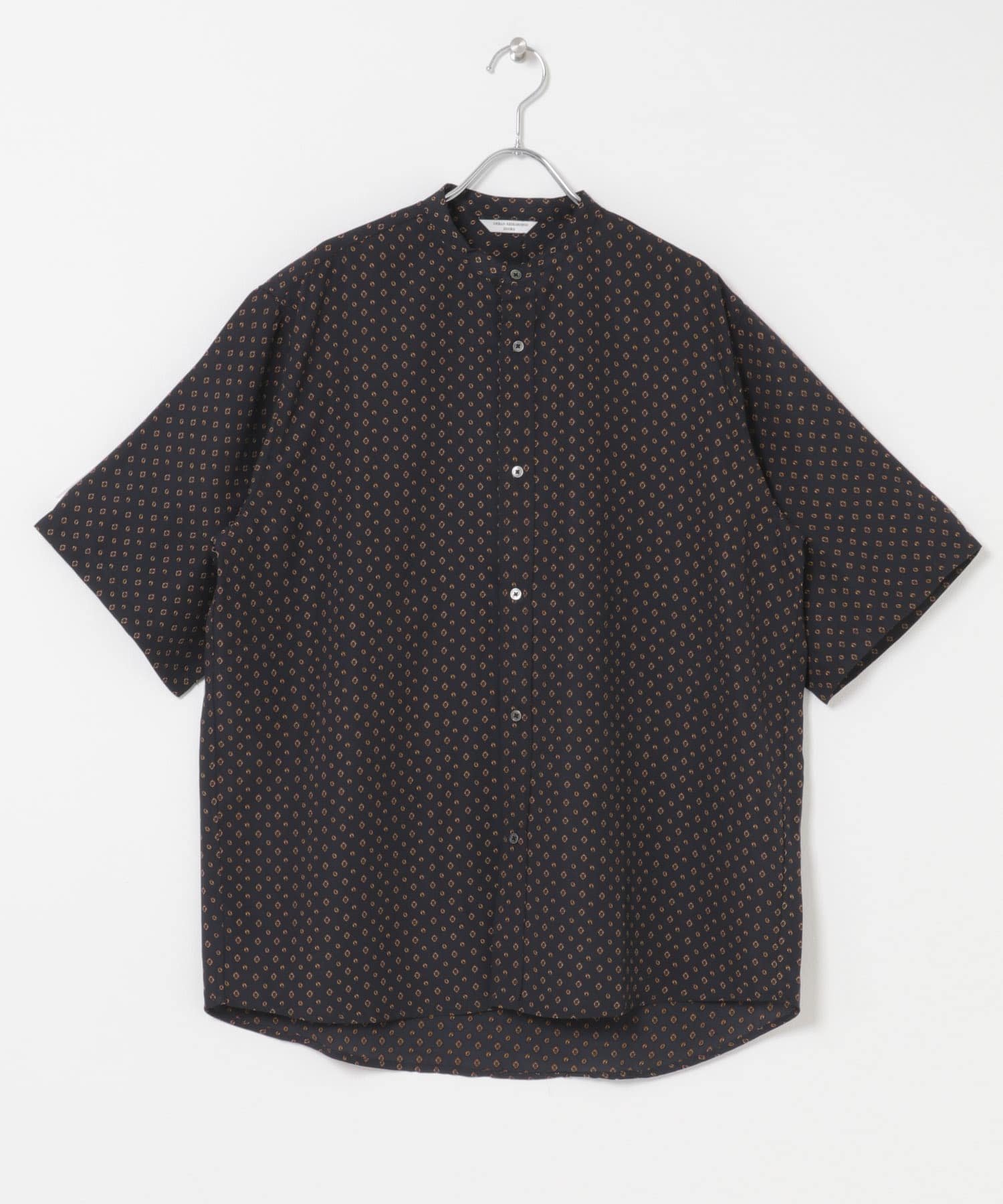 バンドカラーショートスリーブ 総柄シャツ NAVY M
