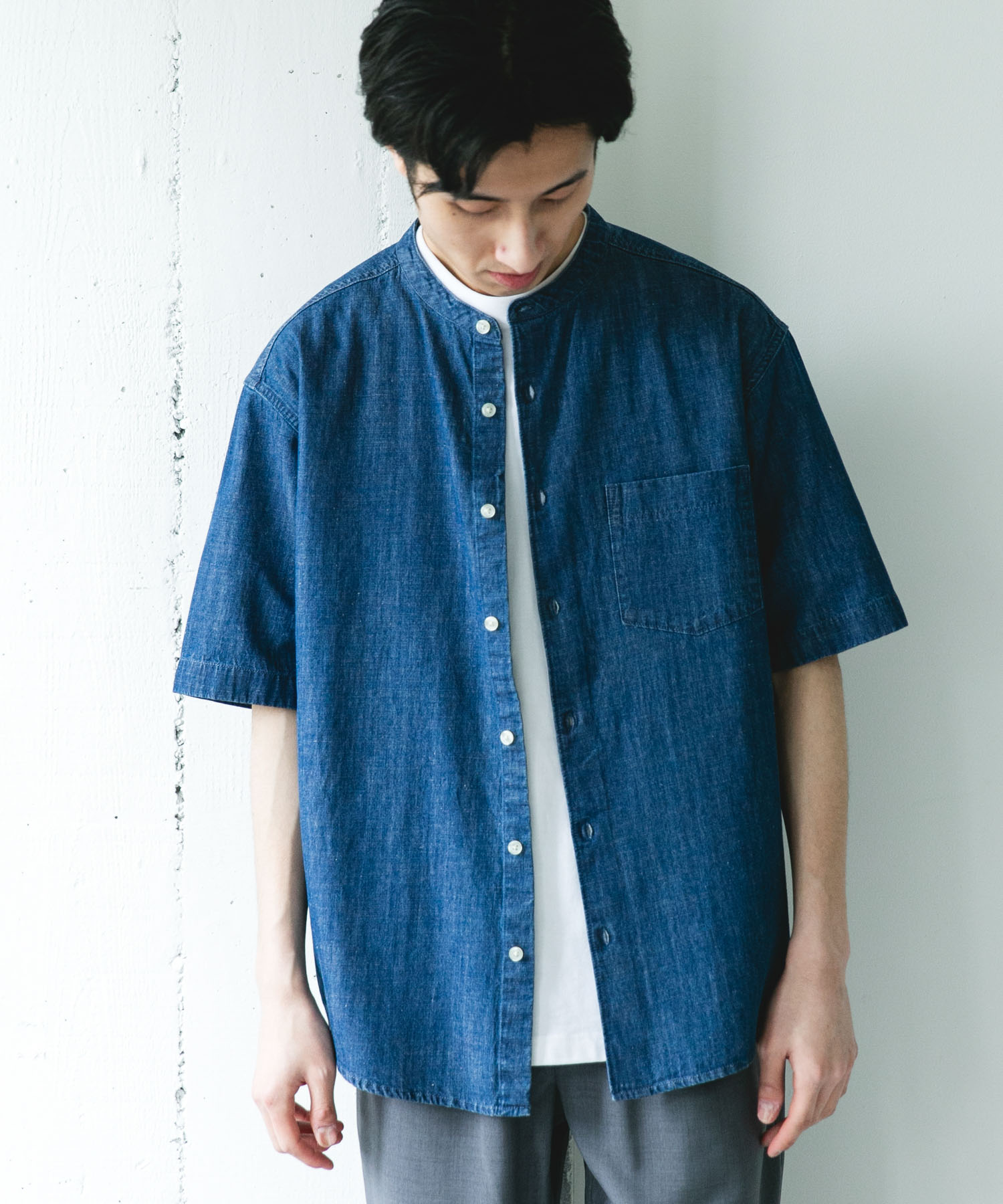 リネンブレンド デニムバンドショートスリーブシャツ