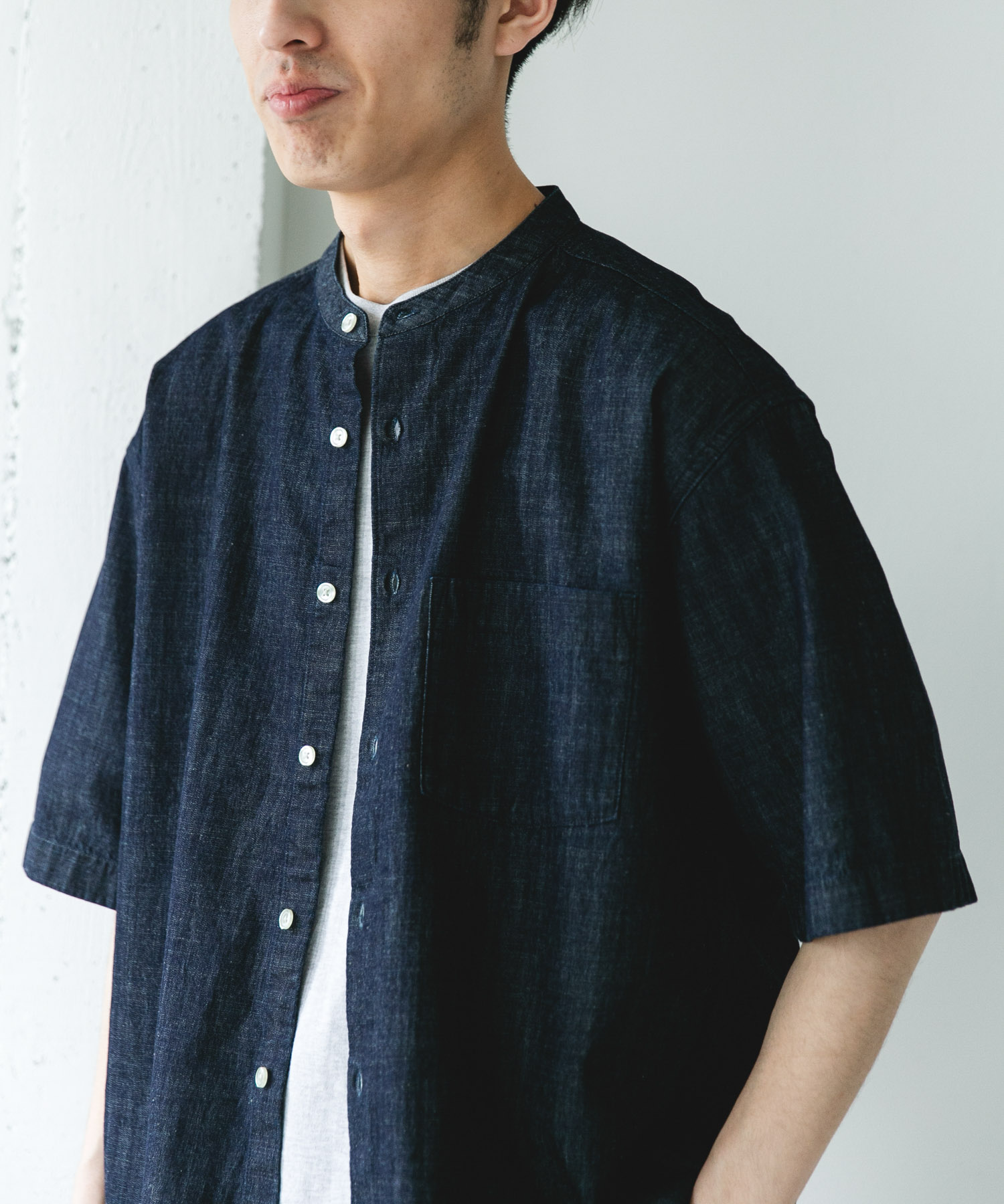 リネンブレンド デニムバンドショートスリーブシャツ