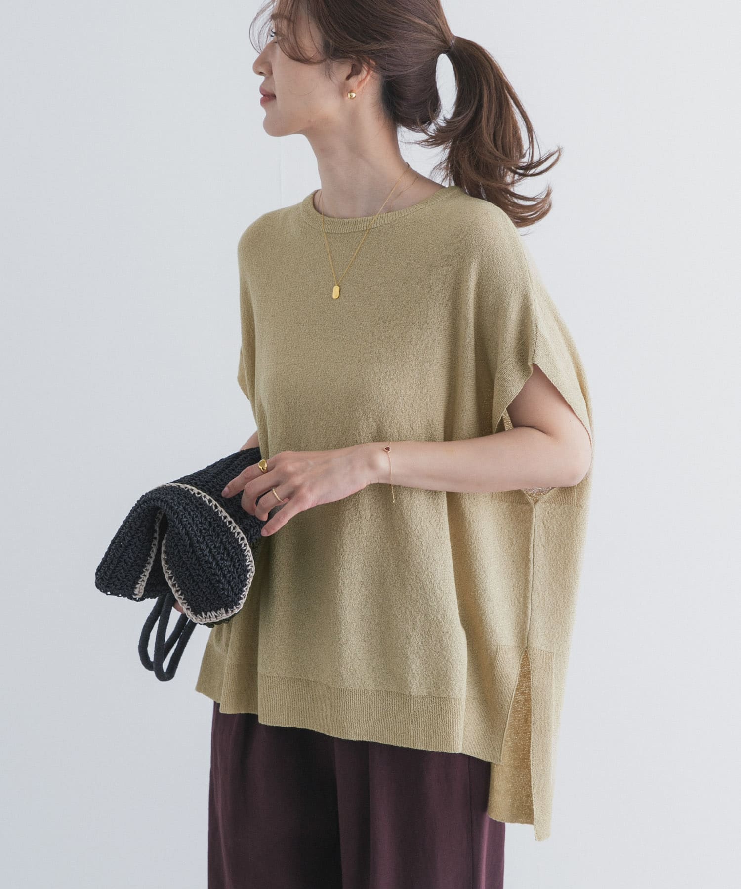 リネン混ブークレニットワイドプルオーバー(Free BEIGE): トップス