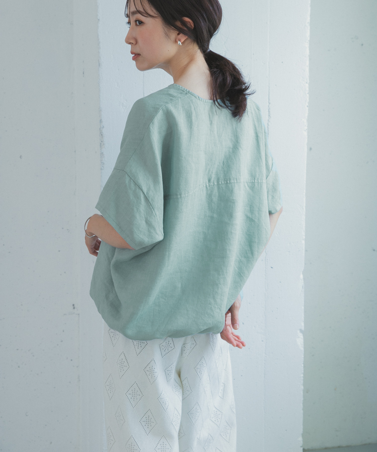 リネンフレンチスリーブドロストブラウス(Free OFF WHITE): トップス