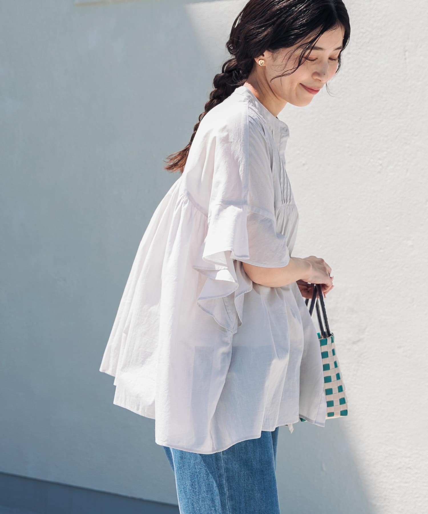 『WEB/一部店舗限定カラー』コットンボイルピンタックフレアスリーブブラウス