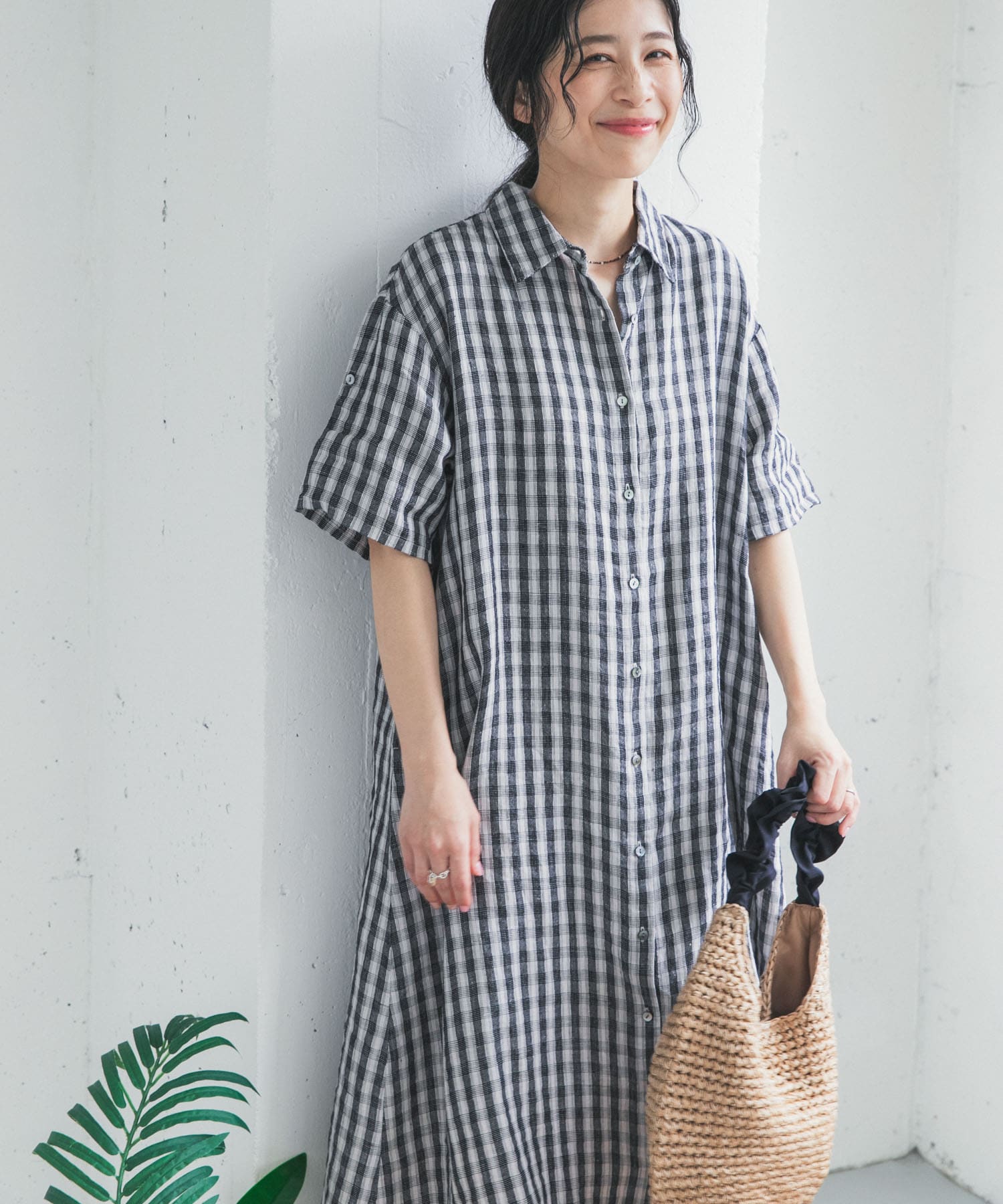 リネン半袖シャツワンピース