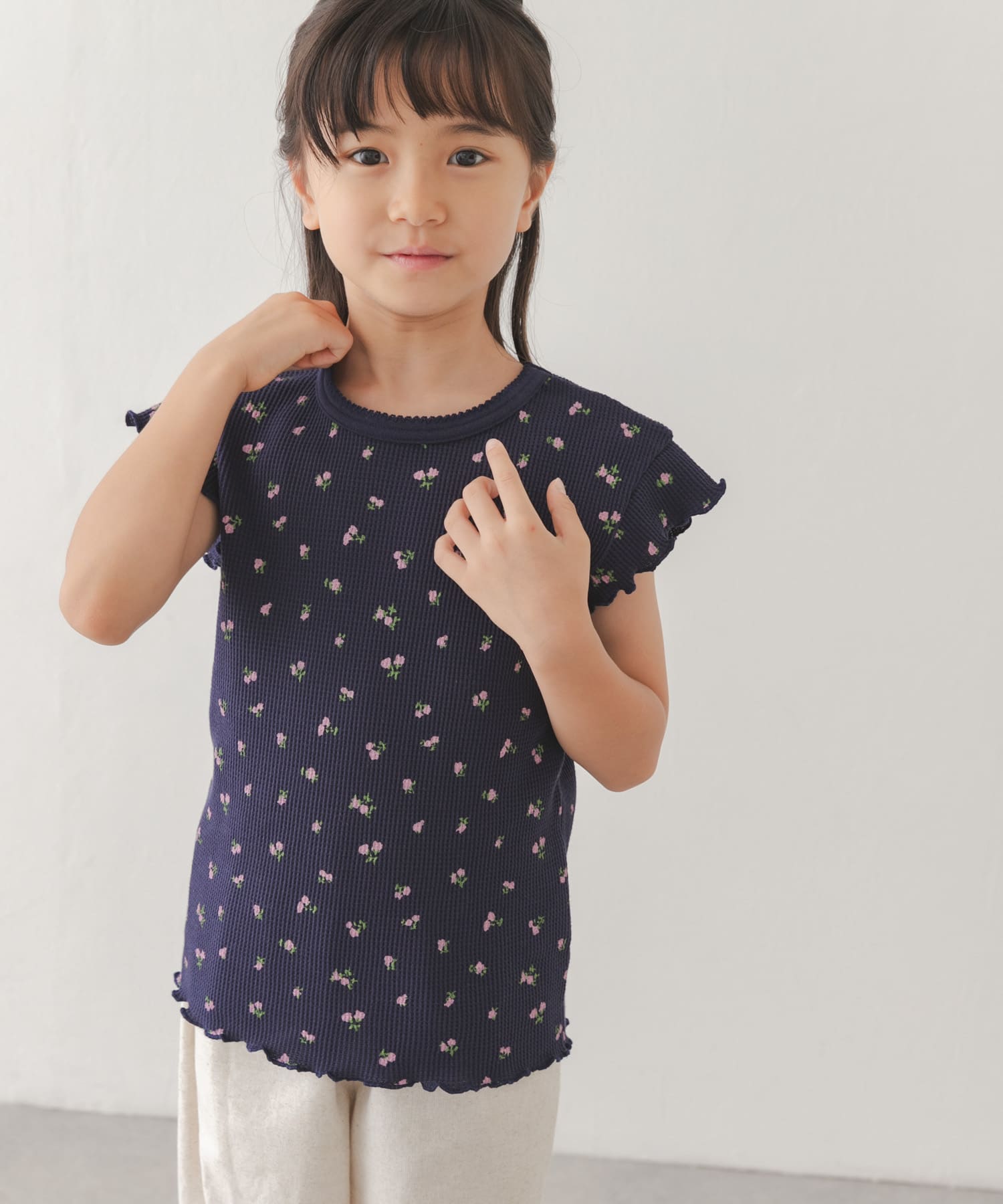 花柄ワッフルフレンチフリルTシャツ(KIDS)(105(100-110) NVY×PINK