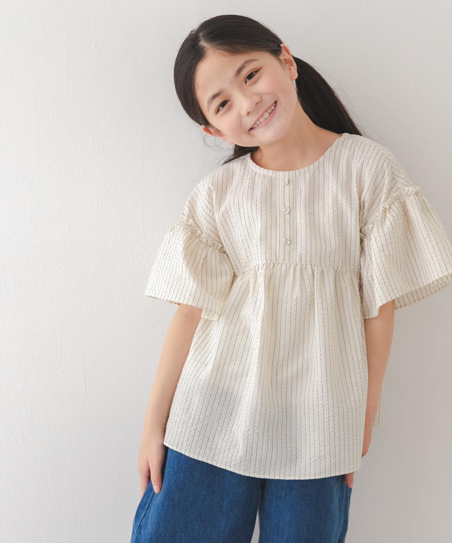 『150サイズあり』ストライプ2wayサッカーブラウス(KIDS)