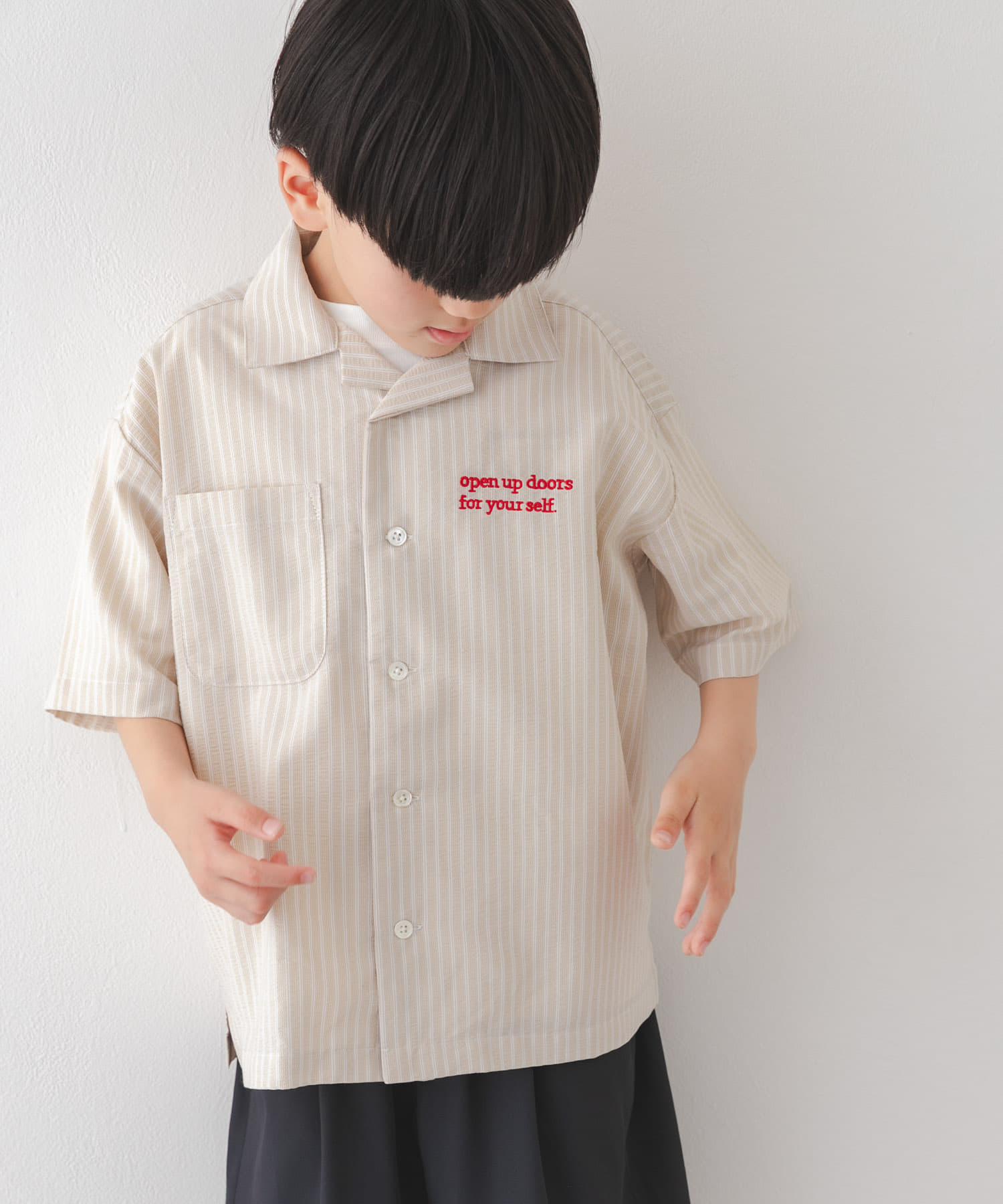 『150サイズあり』ロゴ刺繍ストライプシャツ(KIDS)
