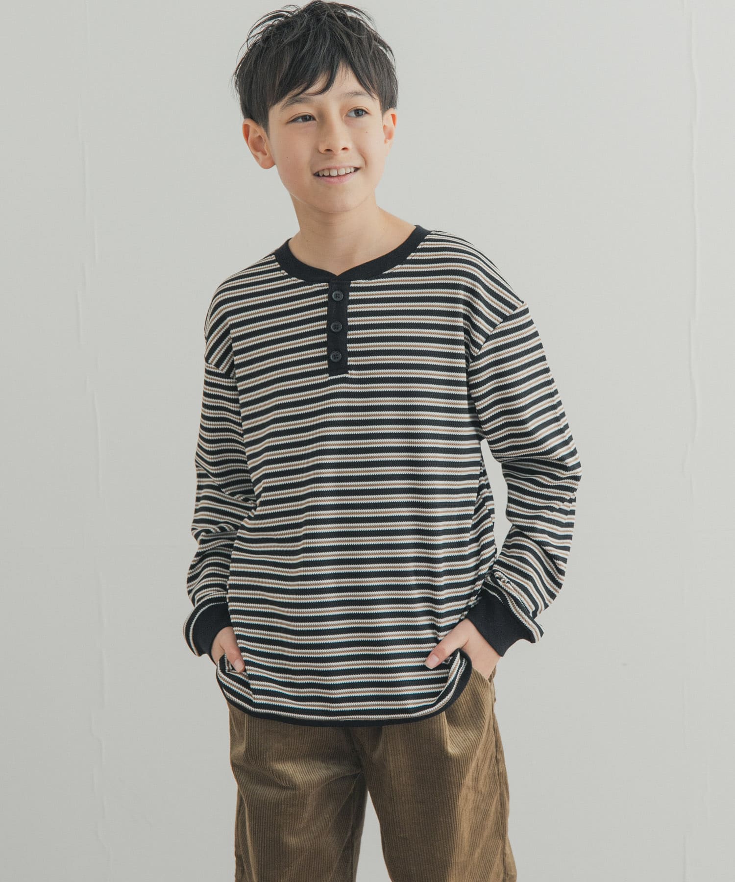 『150サイズあり』ワッフルボーダーロングTシャツ(KIDS)