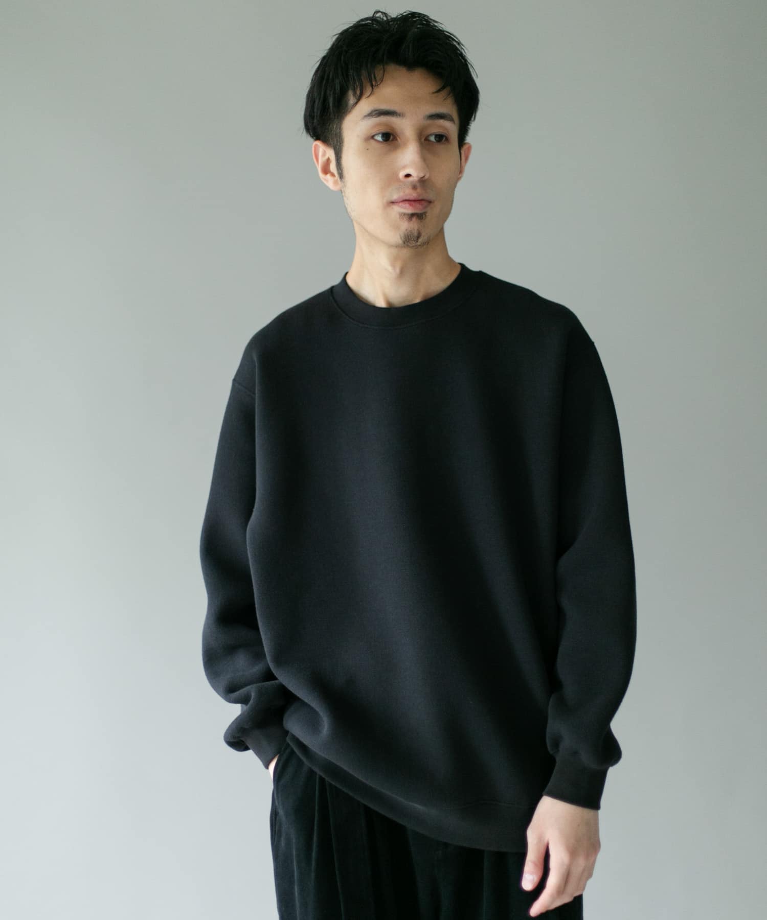 スラブダンボールクルーネックロングスリーブTシャツ(M BLACK