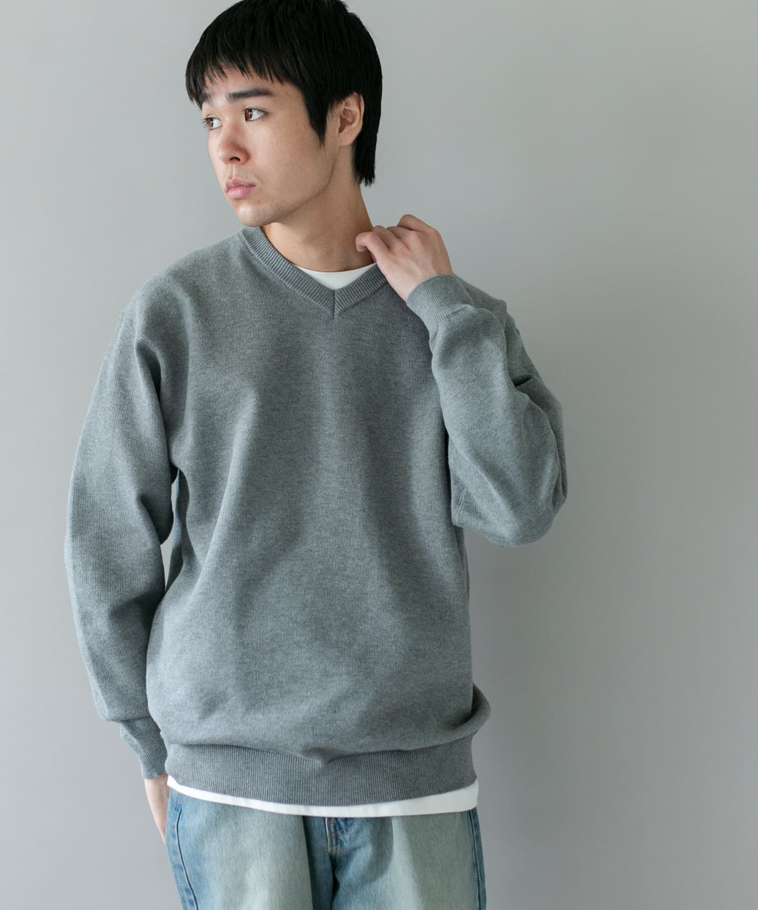 完売品　 リブパターン　長袖　クルーネックセーター Vネック インレー スウェットライクロングスリーブニット(M 杢GRAY