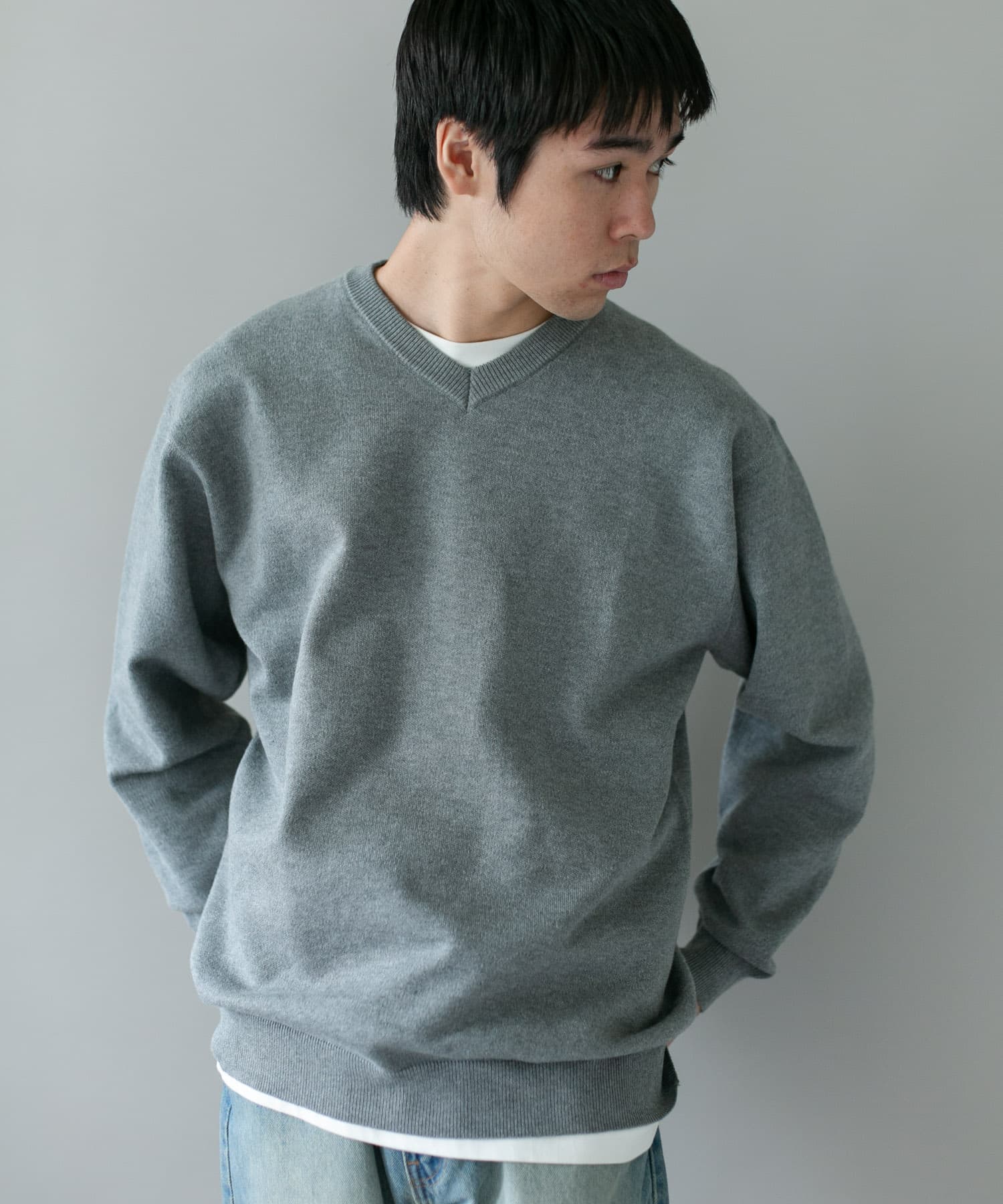 Vネック インレー スウェットライクロングスリーブニット(M 杢GRAY