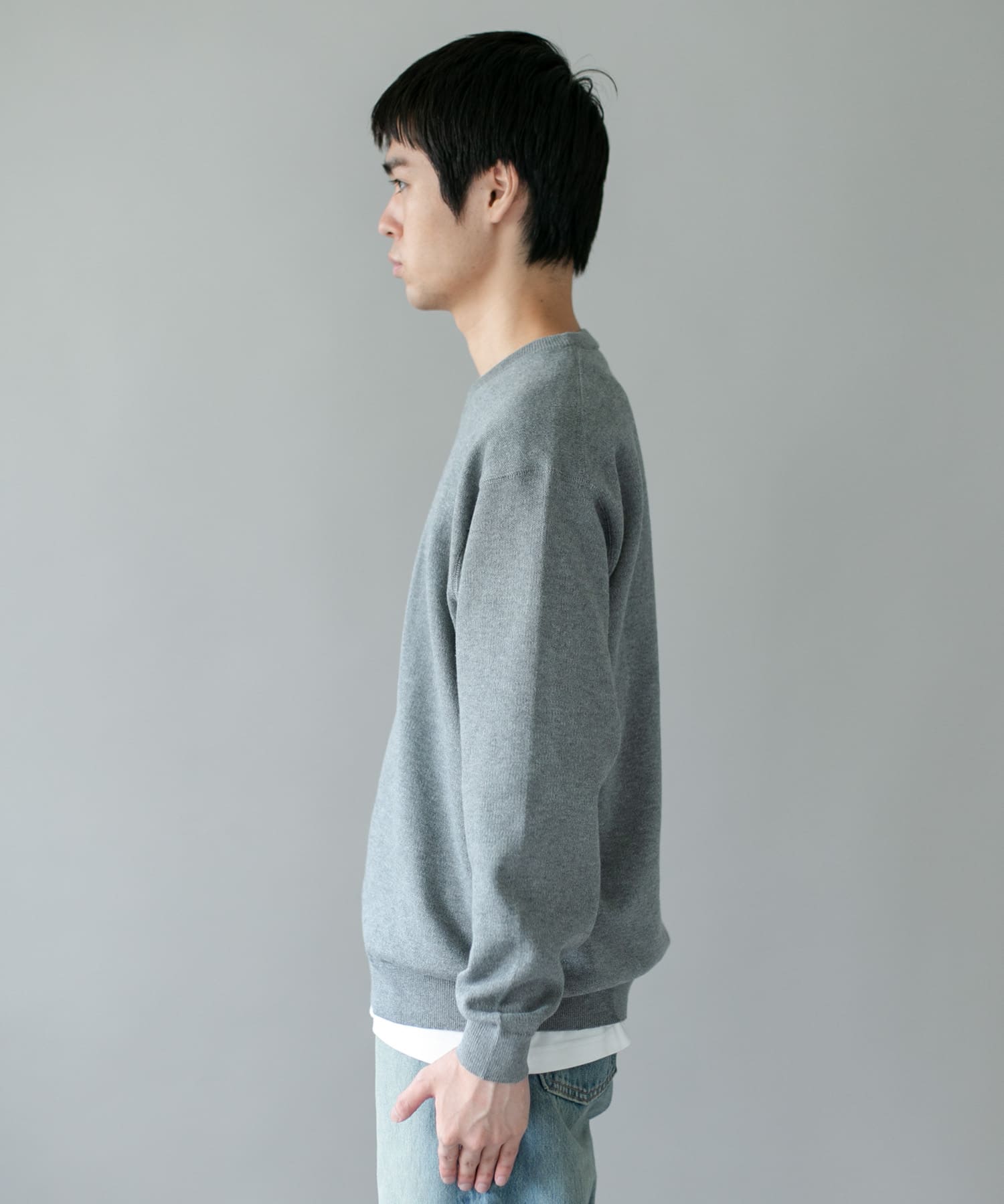 Vネック インレー スウェットライクロングスリーブニット(M 杢GRAY