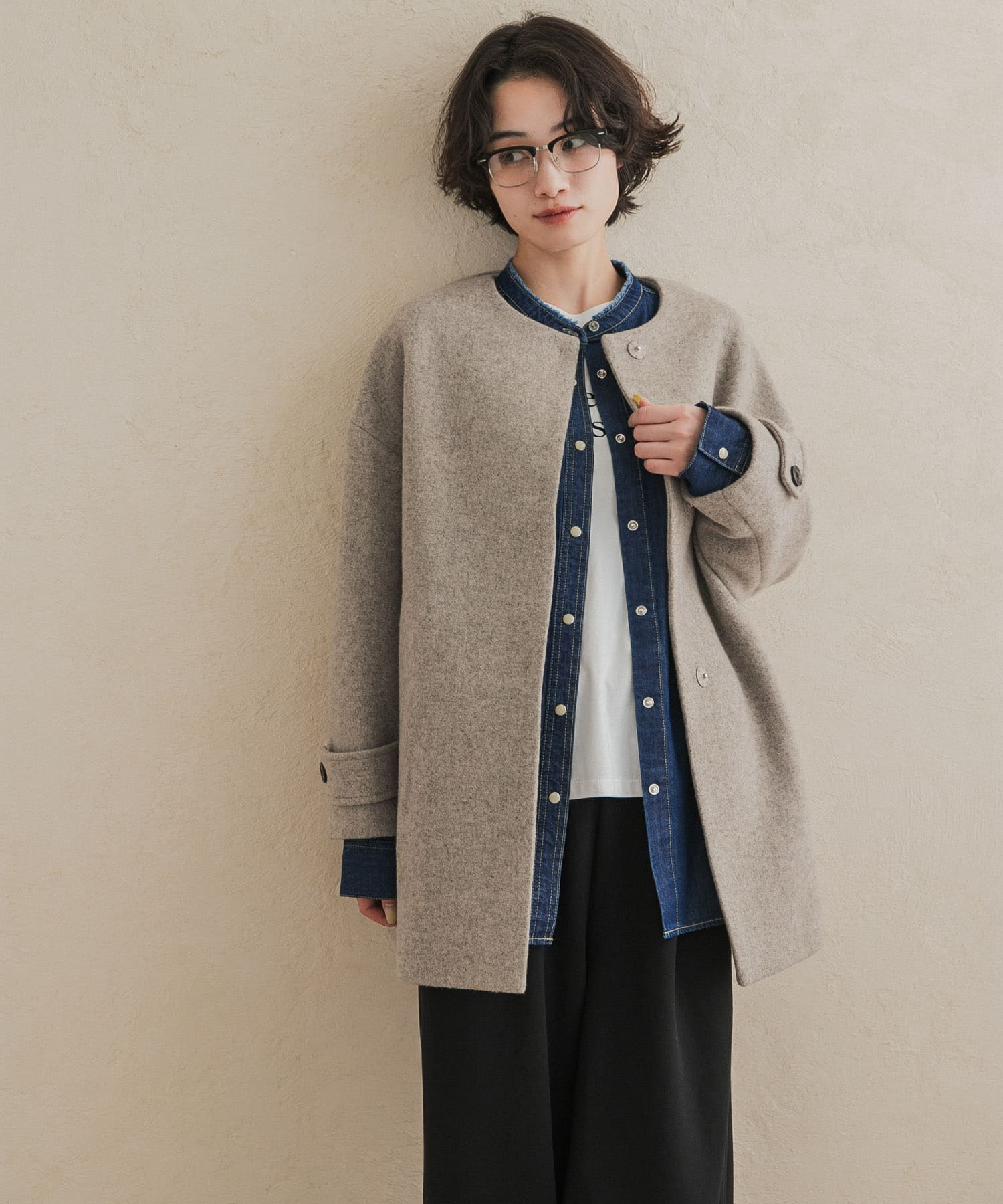 エアリーウールノーカラーミドルコート 26AW