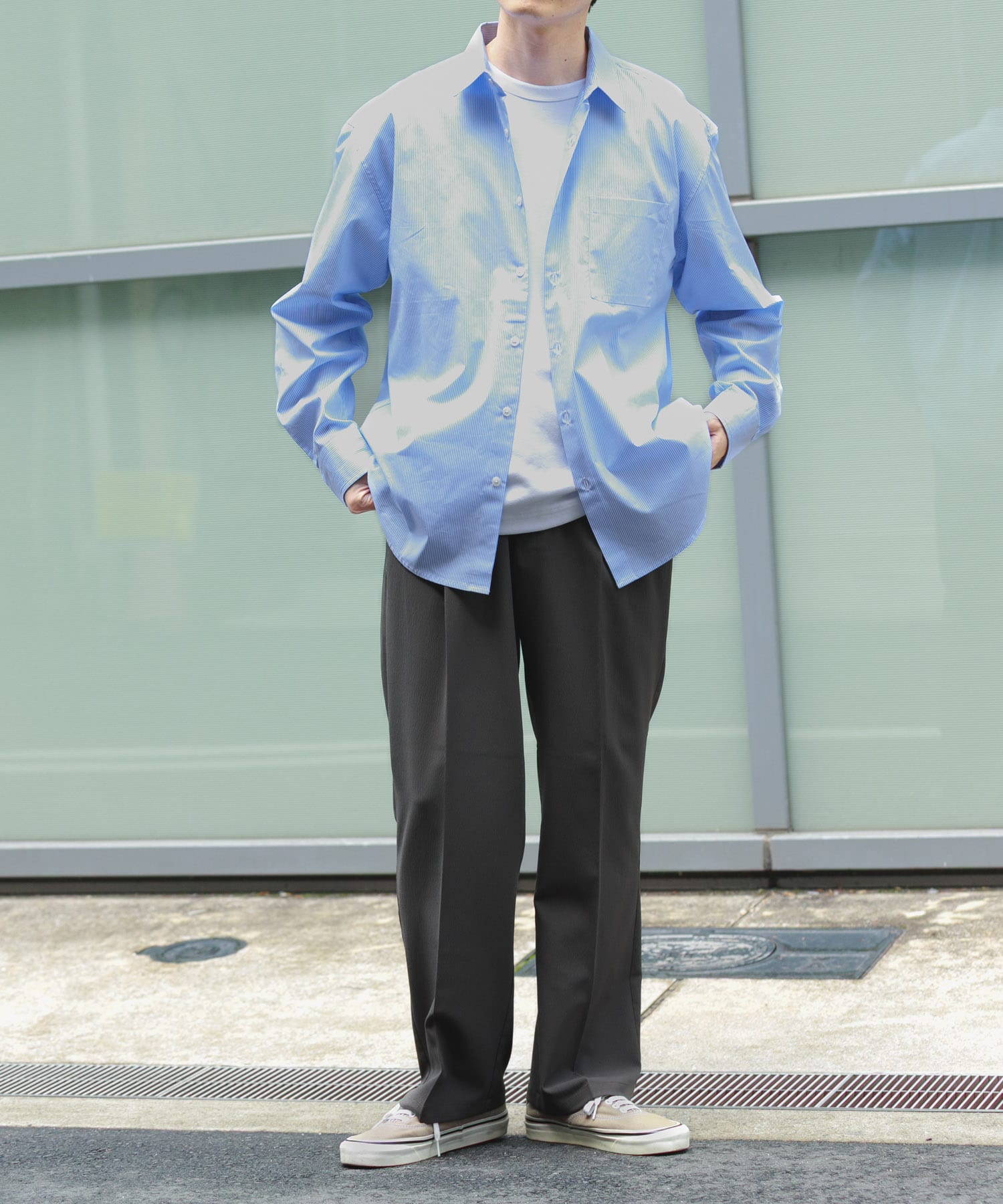 『イージーケア/UVカット』高機能ストライプレギュラーカラーシャツ BLU L