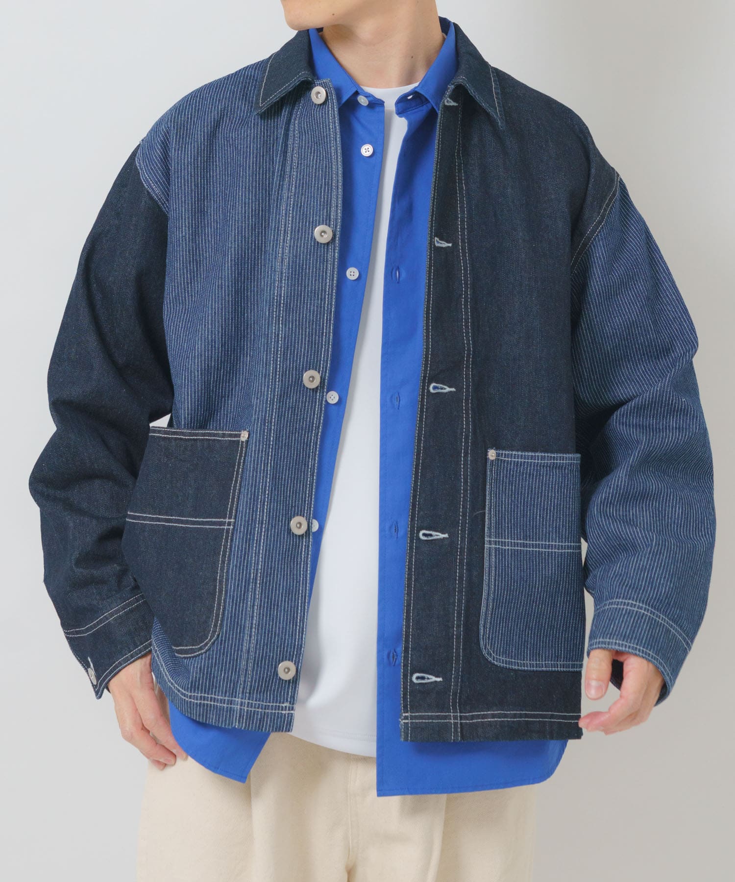 ヒッコリー×デニム切替ワークジャケット(M NVY): アウター｜URBAN