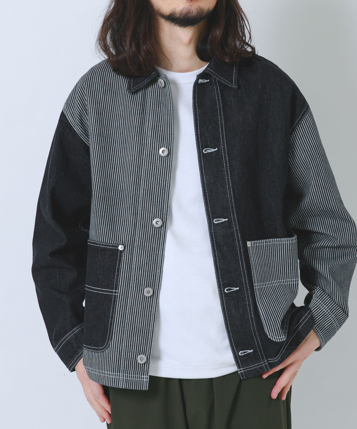 ヒッコリー×デニム切替ワークジャケット
