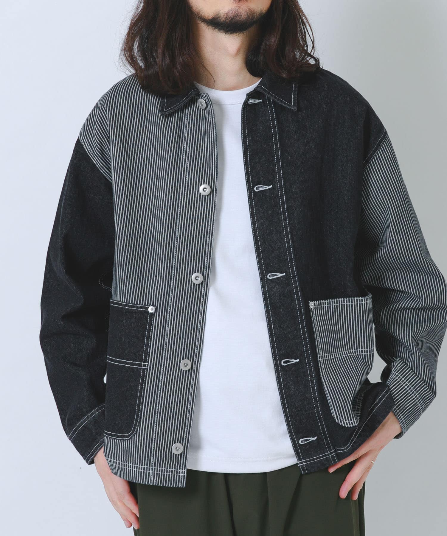 ヒッコリー×デニム切替ワークジャケット