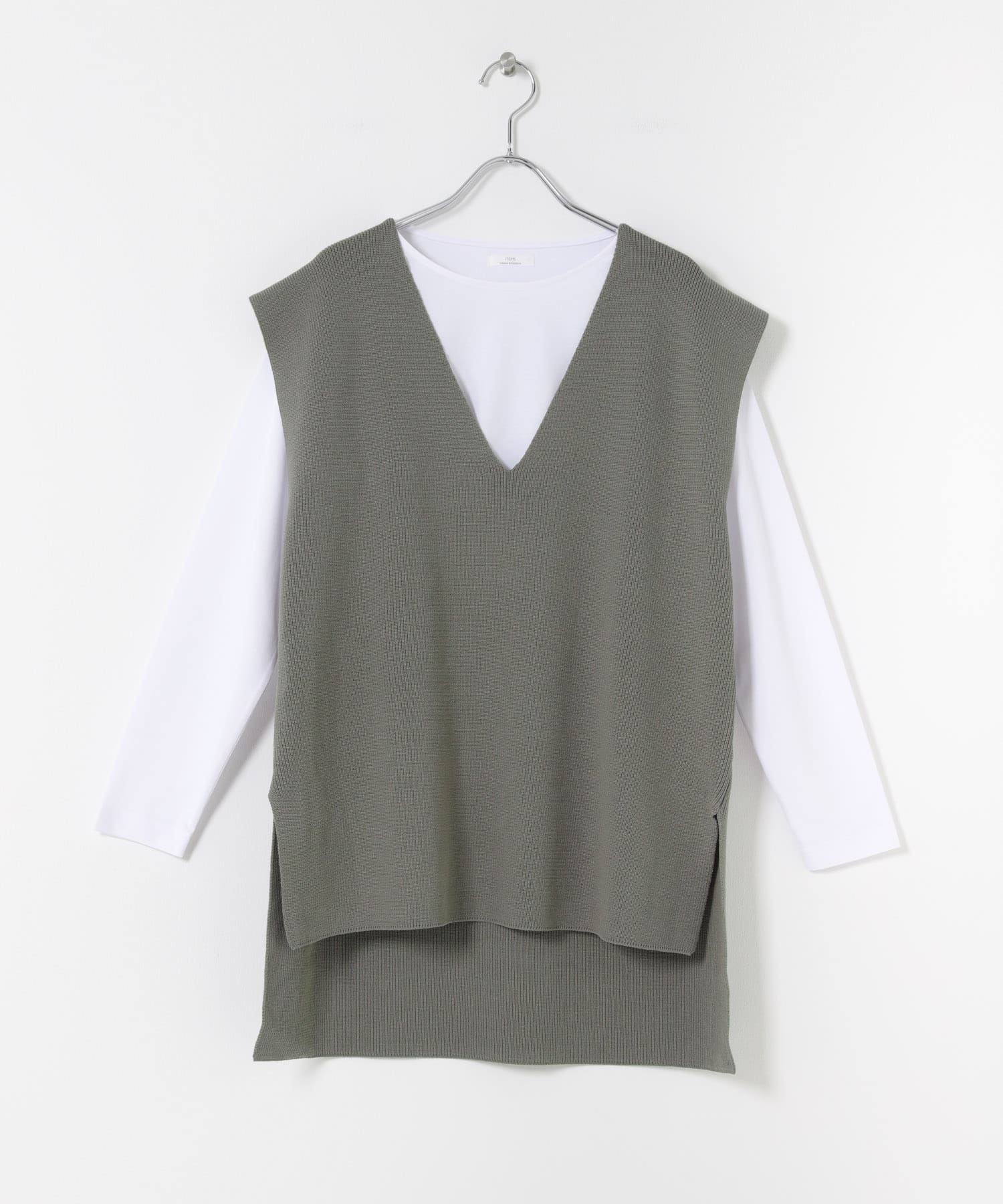 ロングTシャツ×ニットベストセット KHK Free