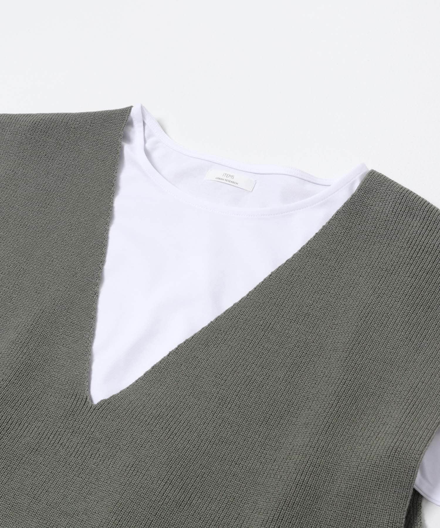 ロングTシャツ×ニットベストセット KHK Free