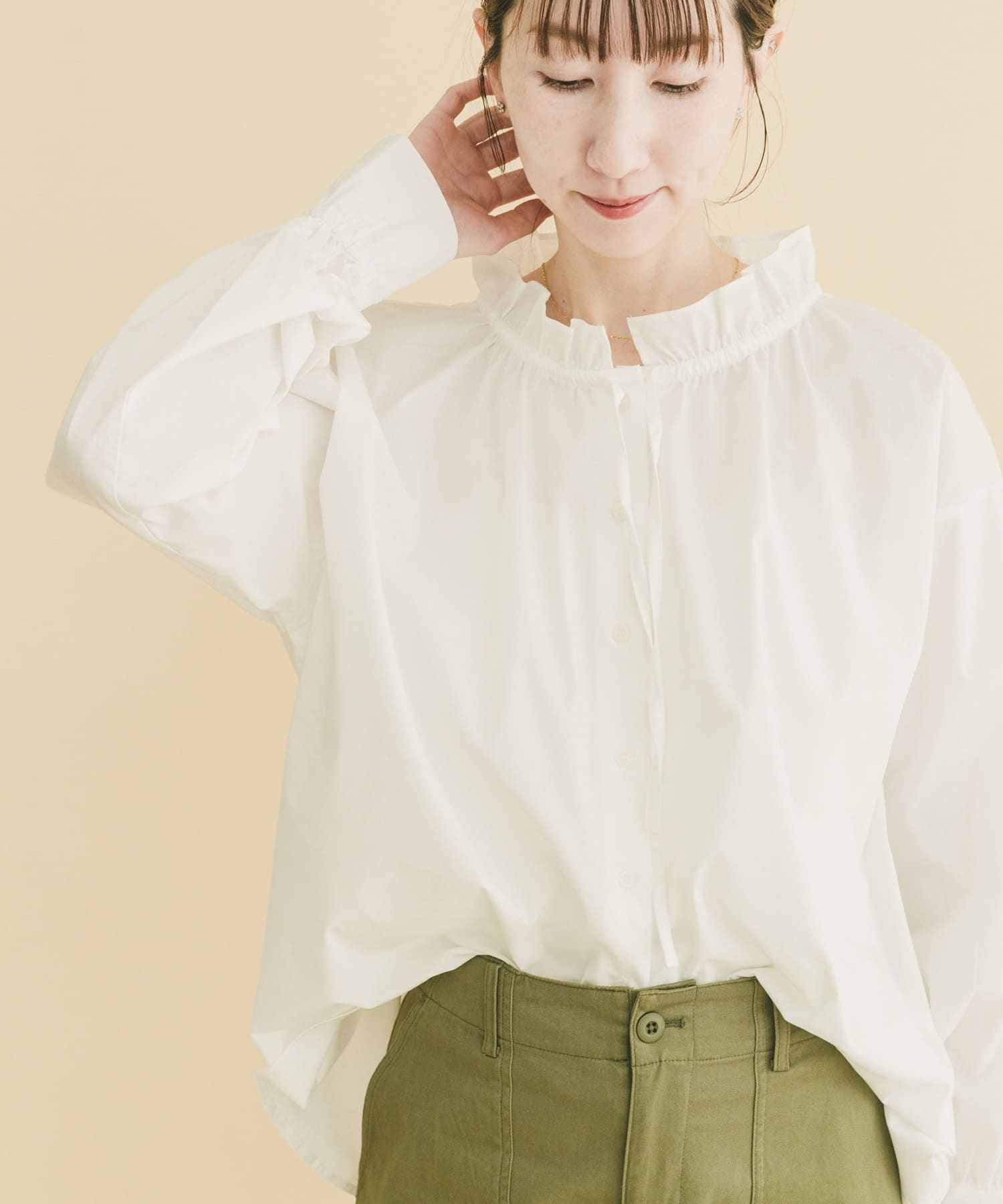『UVカット/接触冷感』ネックフリルブラウス(楽着シリーズ)