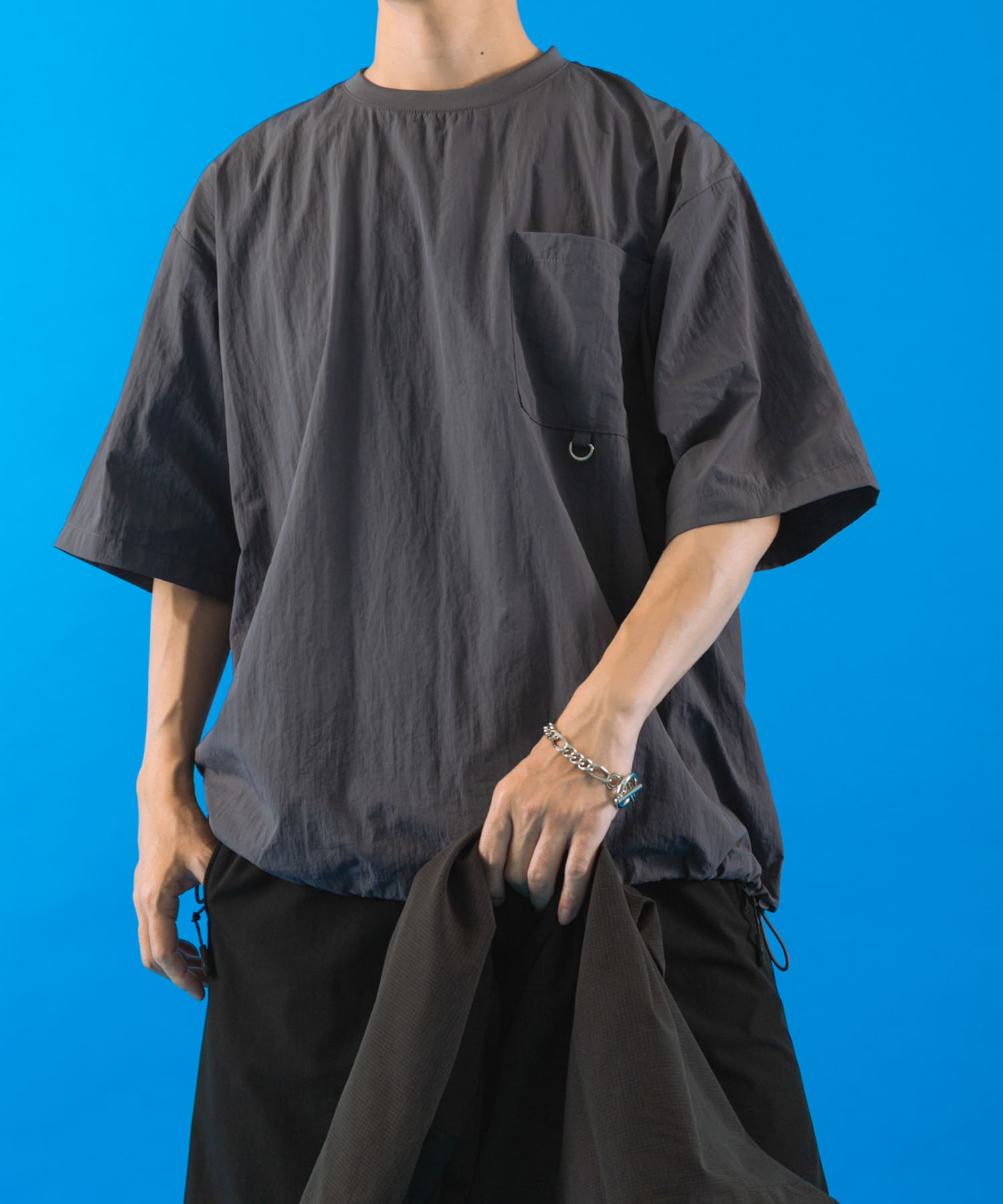 『接触冷感/撥水/イージーケア/UVカット』タスランナイロンクルーネックドロストTシャツ
